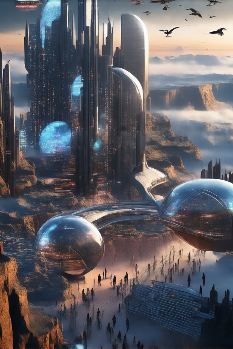 A gleaming silver flying ship with gull-wing doors open, revealing a radiant interior, soars effortlessly through the futuristic city's skyline. Fog-shrouded streets below, illuminated by moody tones, reflect off its metallic hull. In the distance, towering ant-like structures rise from the Grand Canyon floor, their glass domes and communications spires piercing the sky.

Neon lights dance across buildings as pedestrians hurry to and fro amidst towering skyscrapers. A majestic office building rises from the city's heart, its sleek design a testament to urban evolution. As night falls, the city transforms into a vibrant tapestry of lights and sounds.,futureurbannight,futureurbanday,Newcolony