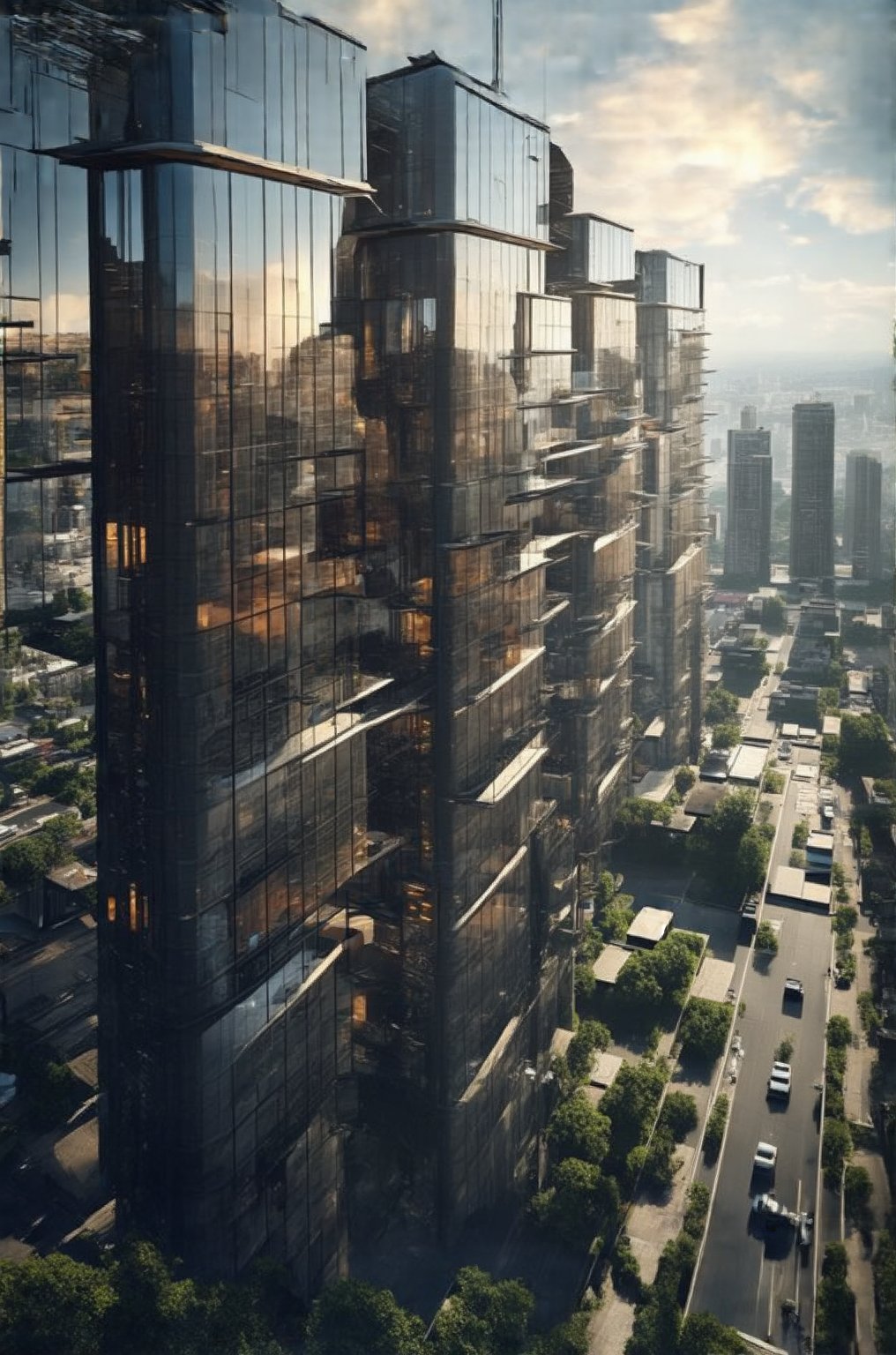 In a bold low-angle shot, the glassy façade of the New Colony's sleek building rises vertically into the sky, its sharp lines and reflective surfaces piercing through the urban void. The busy streets and surrounding buildings blur in the background, framing the subject as a beacon amidst the vibrant cityscape. Stacked windows reflect the steel giants of skyscrapers, while modern architecture meets avant-garde design.,Newcolony,Horizontal