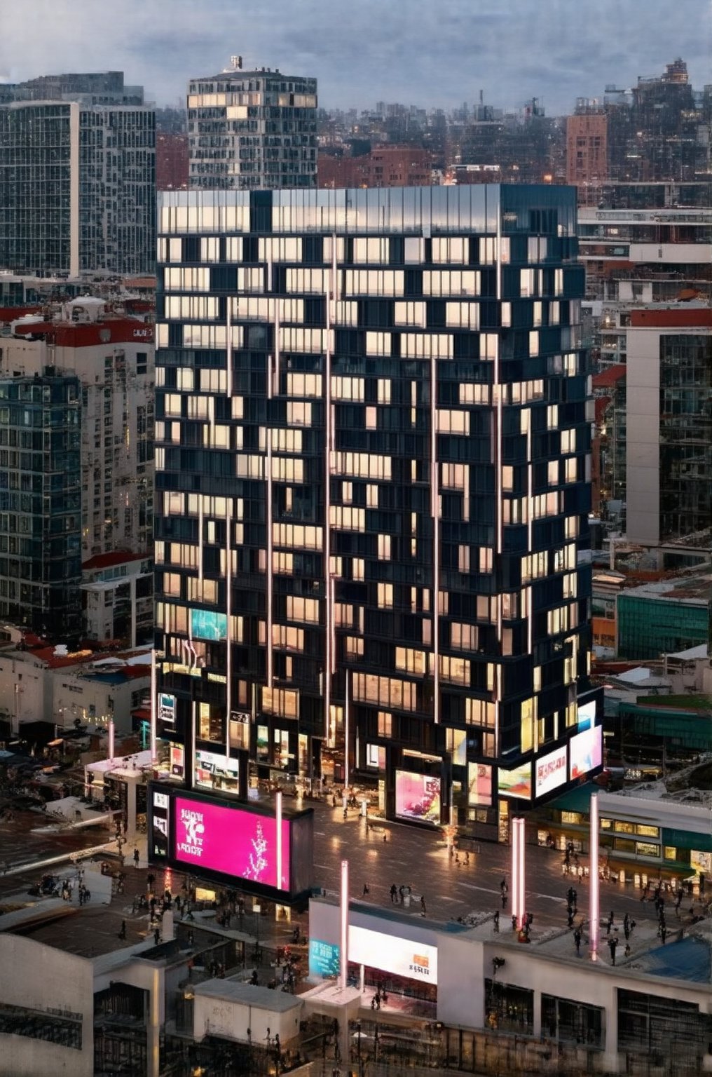 A futuristic cityscape at dusk, with sleek skyscrapers and neon-lit streets radiating a sense of technological advancement. Towering buildings with glass facades reflect the vibrant hues of the setting sun, while slender poles supporting holographic advertisements pierce the air. The atmosphere pulses with energy, as people from all walks of life converge on the bustling city.,Void