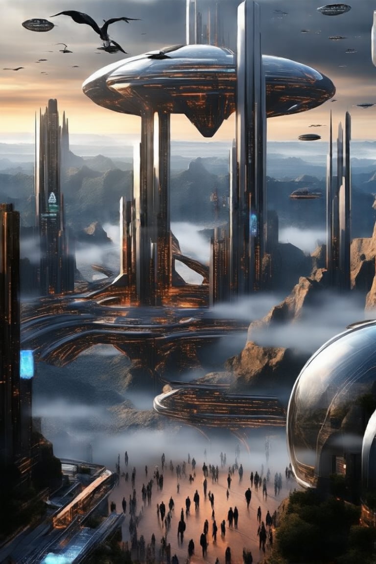 A gleaming silver flying ship with gull-wing doors open, revealing a radiant interior, soars effortlessly through the futuristic city's skyline. Fog-shrouded streets below, illuminated by moody tones, reflect off its metallic hull. In the distance, towering ant-like structures rise from the Grand Canyon floor, their glass domes and communications spires piercing the sky.

Neon lights dance across buildings as pedestrians hurry to and fro amidst towering skyscrapers. A majestic office building rises from the city's heart, its sleek design a testament to urban evolution. As night falls, the city transforms into a vibrant tapestry of lights and sounds.,futureurbannight,futureurbanday,Newcolony