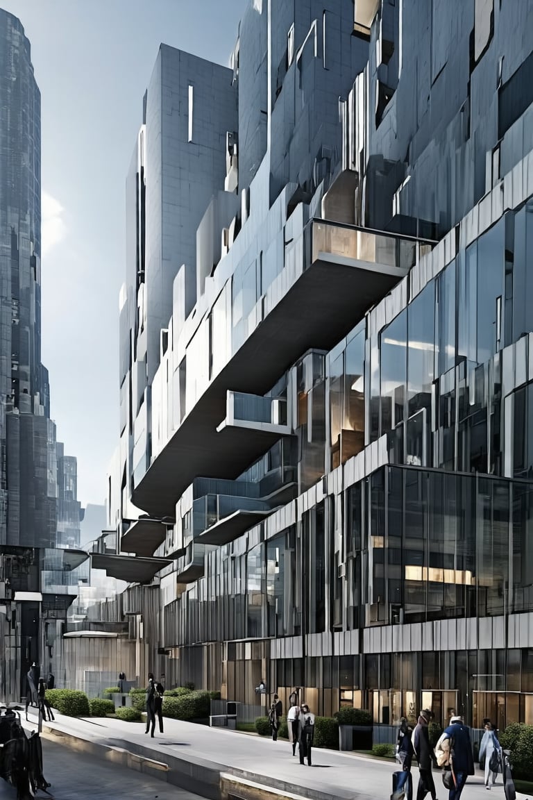 POV, DOF, A modern cityscape features a sleek, glass-fronted building standing proudly in the heart of town. The structure's vertical lines are juxtaposed with the horizontal plane of the sidewalk, creating a dynamic sense of tension. Framed by the blurred background of surrounding buildings and bustling streets, the subject takes center stage.,Vertical,Horizontal,Frames,Void,Stacked,Newcolony