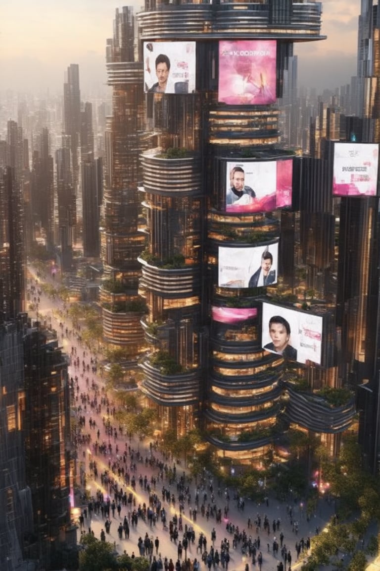 A futuristic metropolis at dusk: a sprawling cityscape unfolds before us, where gleaming skyscrapers rise like shards of glass from the urban landscape. Neon hues dance across the pavement as setting sun casts its golden glow upon towering facades, reflecting vibrant shades of orange and pink. Slender poles support holographic ads, suspended in mid-air like ethereal sculptures. Amidst this horizontal expanse, crowds gather, a tapestry of diverse faces woven into the city's pulsating energy. Newcolony's stacked structures rise, a testament to human innovation, as the bustling streets hum with life.,Horizontal,Stacked