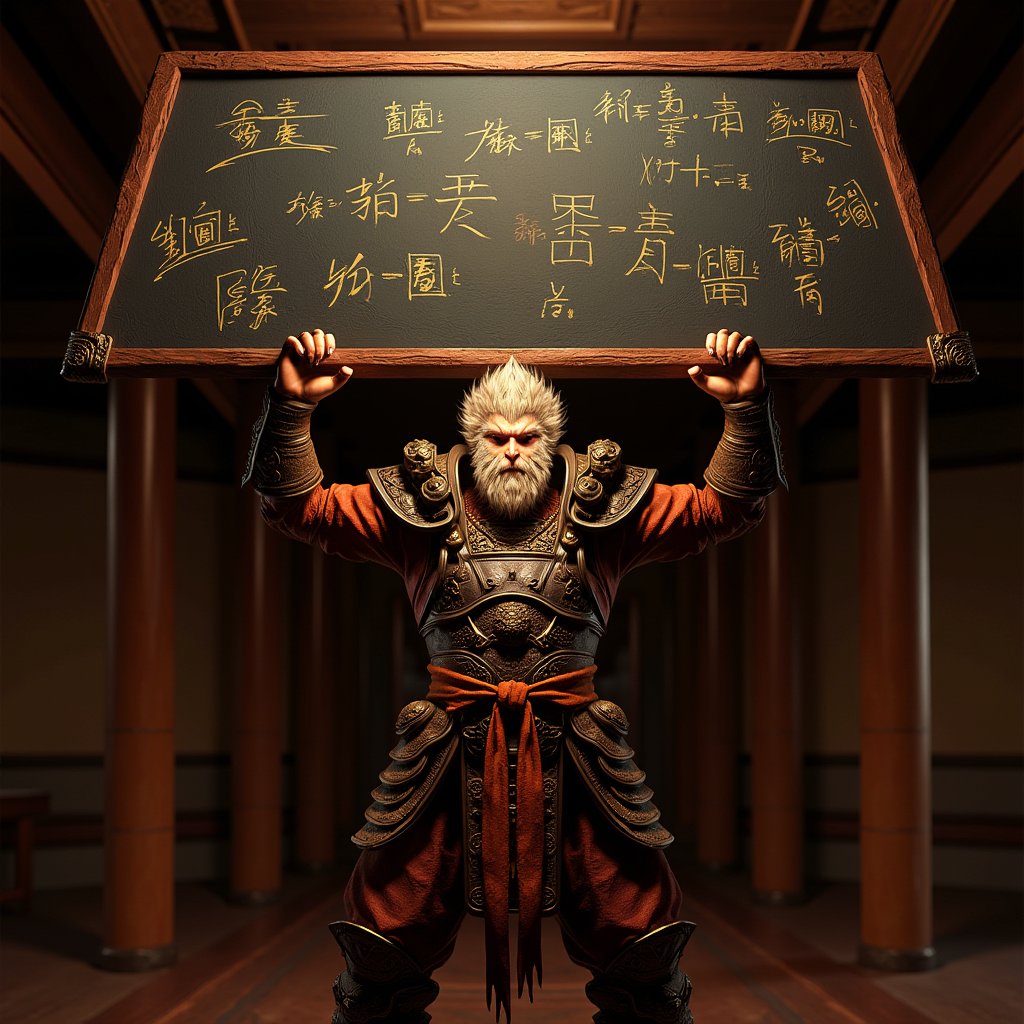 Wukong stands tall, his armored physique accentuated by the warm golden light of a dimly lit dojo. His long beard flows down his chest like a river of wisdom, as he holds aloft a blackboard inscribed with intricate mathematical formulas from Flux & TensorArt online training tutorial. The bold strokes and symbols appear to dance across the board in harmony with Wukong's energetic pose, as if the very essence of machine learning has been distilled into this powerful image.