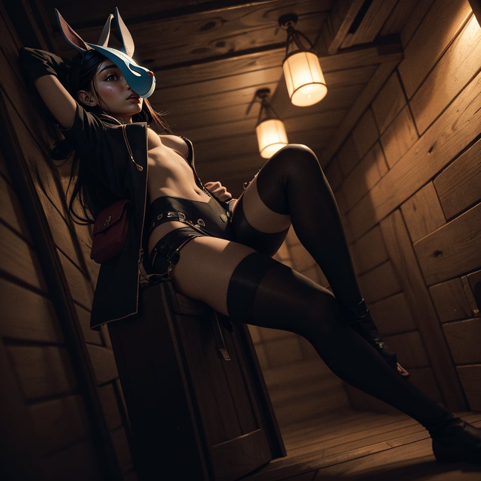 Create an intense, portrait in the Japanese retro anime style of the 80s and 90s, of a female Halfling thief creeping through a dungeon. She's is wearing a white wooden rabbit mask a leather backpack with a bedroll and a small dagger. Her attire is minimal, accentuating the curves of her body and the dramatic shadows cast by the lighting. The background is stark, with sharp contrasts highlighting the contours of her form. Subtle film grain and meticulous shading add depth and texture, The lighting creates a chiaroscuro effect, accentuating her expressive pose and the intense atmosphere.