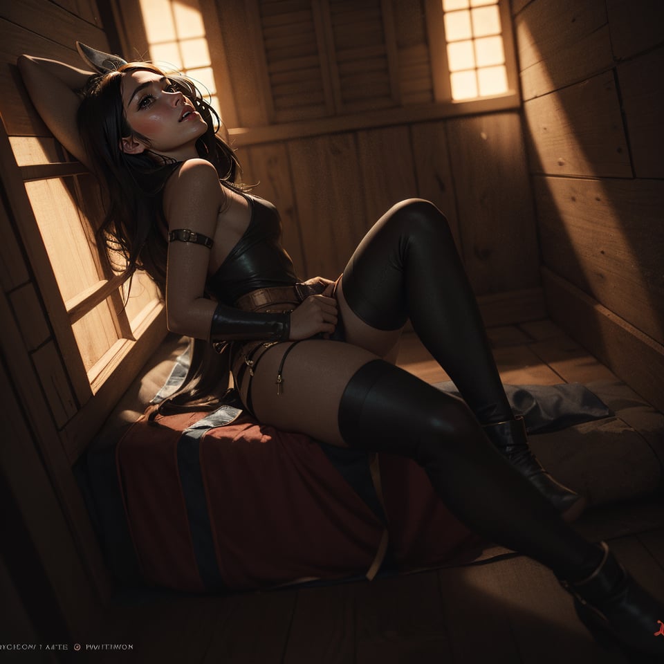 Create an intense, portrait in the Japanese retro anime style of the 80s and 90s, of a female Halfling thief creeping through a dungeon. She's is wearing a white wooden rabbit mask a leather backpack with a bedroll and a small dagger. Her attire is minimal, accentuating the curves of her body and the dramatic shadows cast by the lighting. The background is stark, with sharp contrasts highlighting the contours of her form. Subtle film grain and meticulous shading add depth and texture, The lighting creates a chiaroscuro effect, accentuating her expressive pose and the intense atmosphere.