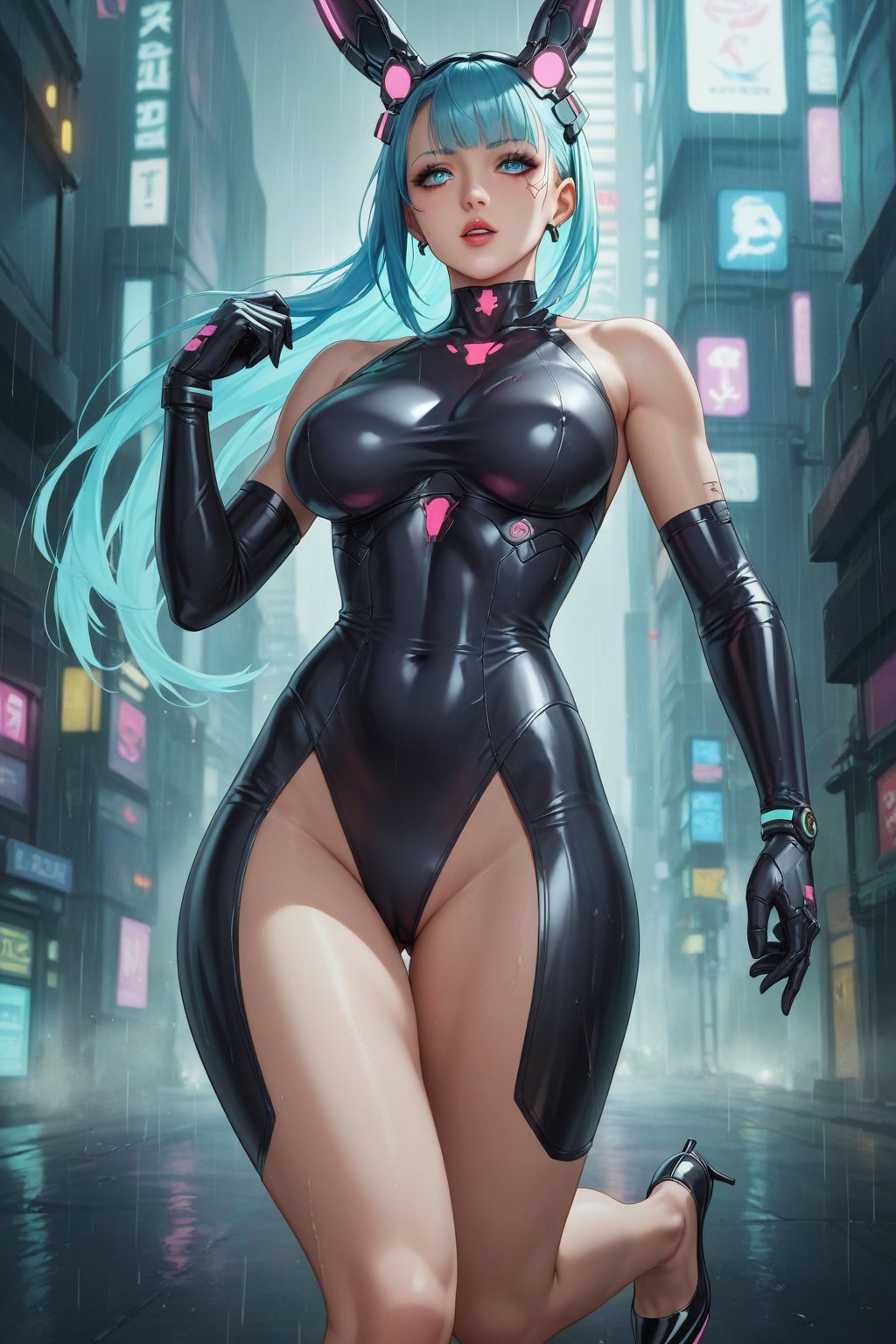 Score_9, Score_8_up, Score_7_up, Score_6_up, Score_5_up, Score_4_up, Source_Anime, Source_Cartoon, BREAK, Masterpiece, Best Quality, Cyberpunk Bunny Girl, Neon Glow, Futuristic Skyline, Moonlight Reflection, Holographic Billboards, Rainy Streets, Shiny Latex Suit, Dynamic Pose, High Heels, Mysterious Aura, Cybernetic Ears, 
FuturEvoLab-Cyberpunk, FuturEvoLab-Bunny