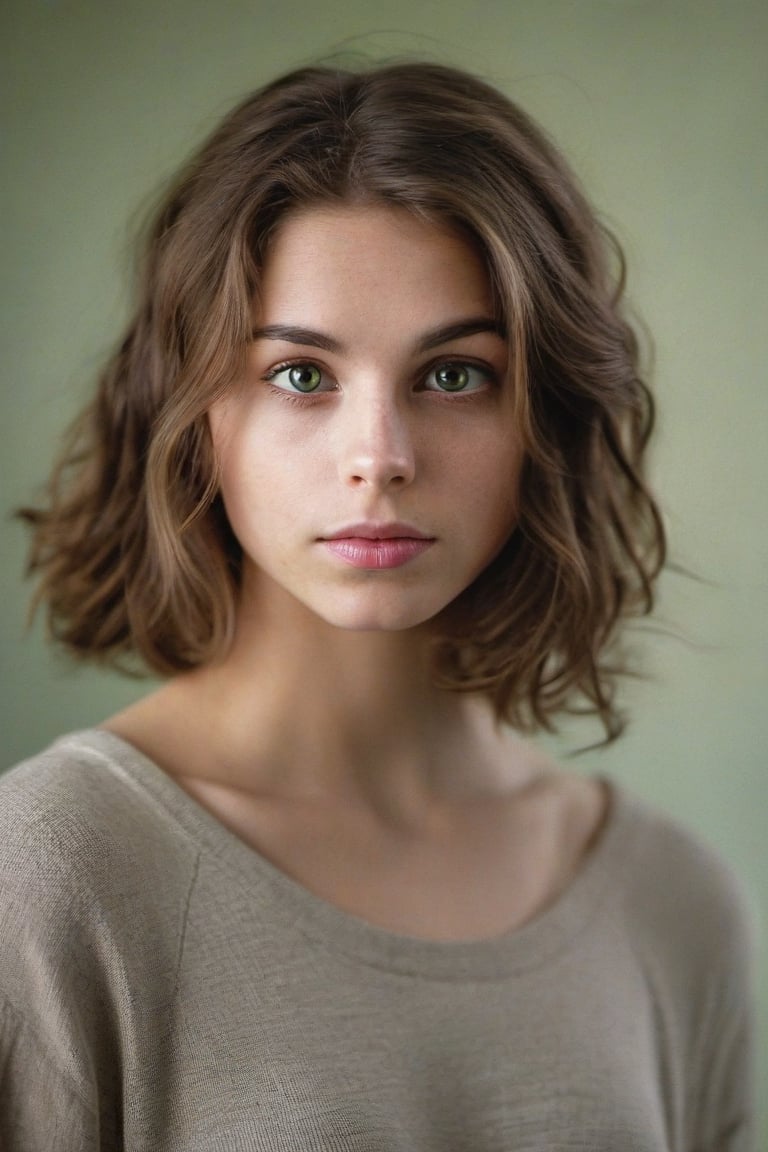 portrait of a young woman. she is looking up at the camera. her shoulder length brown hair frames her face. she is confident. natural beauty. beautiful green eyes with a little brown ring in her iris. catchlights in the eyes. full lips. The image has a neutral color tone with natural light setting. f/5.6 50mm, close-up, sharp focus, (Best Quality:1.4), (Ultra realistic, Ultra high res), Highly detailed, Professional Photography