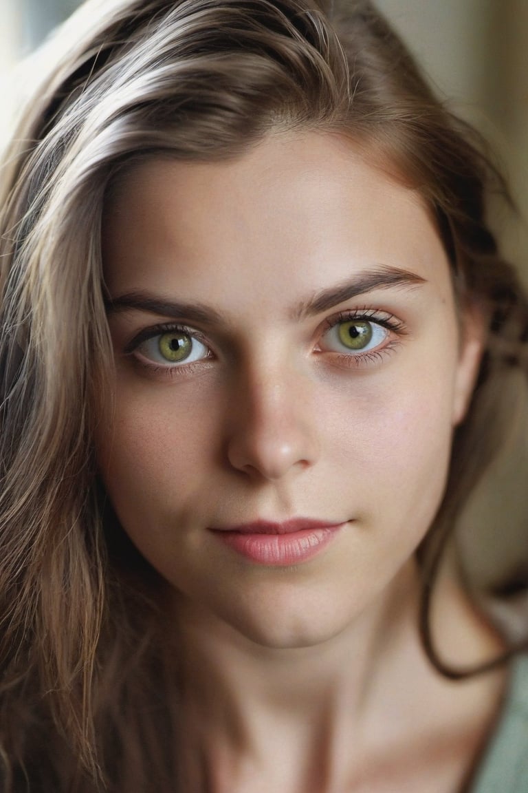 portrait of a young woman. she is looking up at the camera. her shoulder length brown hair frames her face. she is confident. natural beauty. beautiful green eyes with a little brown ring in her iris. catchlights in the eyes. full lips. The image has a neutral color tone with natural light setting. f/5.6 50mm, close-up, sharp focus, (Best Quality:1.4), (Ultra realistic, Ultra high res), Highly detailed, Professional Photography