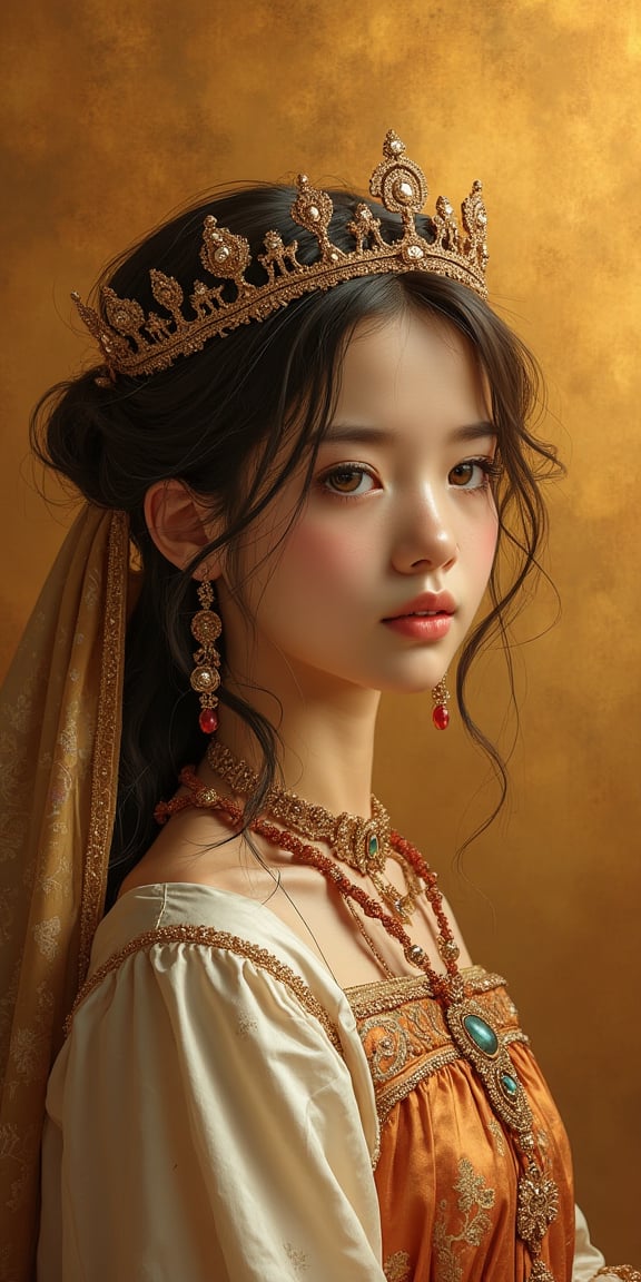 A portrait of a Byzantine style girl with golden background. (masterpiece, top quality, best quality, official art, beautiful and aesthetic:1.2), (1girl:1.4), portrait, extreme detailed, highest detailed, simple background, 16k, high resolution, perfect dynamic composition, bokeh, (sharp focus:1.2), super wide angle, high angle, high color contrast, medium shot, depth of field, blurry background,Auguste Renoir ~ Paul Peel ~ John Singer Sargent ~ Alexandre-Jacques Chantron ~ John William Godward ~ John William Waterhouse ~ Han-Wu Shen ~ Ishitaka Amano ~ Chakrapan Posayakrit ~ Kim Jung Gi ~ Kei Mieno ~ Ikushima Hiroshi ~ WLOP ~ William-Adolphe Bouguereau ~ Alphonse Mucha ~Luis Royo ~ Range Murata ~ Jock Sturges photography ~ David Hamillton photography,sparkles,in the style of vargas