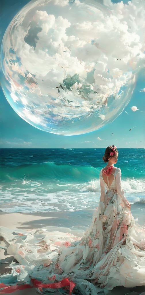 Surrealist watercolor painting. Pristine beach with soft, sandy shores and gentle waves. Enormous glass sphere, perfectly transparent, resting on sand. Oversized red ribbon wrapped around the sphere, flowing and billowing in imaginary wind. Distorted reflections in glass, merging sky and sea. Dreamy, muted palette for beach, vivid red for ribbon. Subtle watercolor textures, wet-on-wet technique. Magritte-esque juxtaposition of reality and fantasy. Thought-provoking, whimsical scene,  epic, fine art, shabby chic, boho gypsy, bohemian, gothic, rococco, marquise,lady