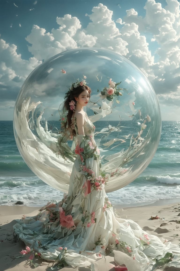 Surrealist watercolor painting. Pristine beach with soft, sandy shores and gentle waves. Enormous glass sphere, perfectly transparent, resting on sand. Oversized red ribbon wrapped around the sphere, flowing and billowing in imaginary wind. Distorted reflections in glass, merging sky and sea. Dreamy, muted palette for beach, vivid red for ribbon. Subtle watercolor textures, wet-on-wet technique. Magritte-esque juxtaposition of reality and fantasy. Thought-provoking, whimsical scene,  epic, fine art, shabby chic, boho gypsy, bohemian, gothic, rococco, marquise,lady