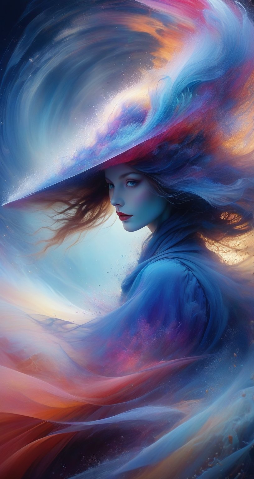 A woman wearing a wide-brimmed hat, gorgeous colors, the woman's hair breaks into small pieces and turns into powder as it moves away from her head, the abstract red background and fantastic blue gradient add to the mysteriousness, the heavy and unstructured thick brush strokes beautifully express the portrait of a woman,Gorgeous, beautiful, multicolored hair, blue eyes, excentic, Ben Bauchau, Michael Garmash, Daniel F Gerhartz, Clint Cearley, Carne Griffiths, Jean Baptiste Monge, strybk style, warm dreamy lighting, matte background, volumetric lighting, pulp adventure style, fluid acrylic, dynamic gradients, bold color, illustration, highly detailed, simple, smooth and clean vector curves, vector art, smooth, johan grenier, character design, 3d shadowing, fanbox, cinematic, ornate motifs, elegant organic framing, hyperrealism, posterized, masterpiece collection, bright lush colors, TXAA, penumbra, alcohol paint, wet gouache, ultrarealistic, film grain, surreal, moody, ethereal fantasy, amazing depth, cinematic film still, sharp focus, (James Christensen), bohemian, Boho gypsy, Gustav Klimt, (Anne Bachelier:1.2), (Lillian Bassman, Erwin Blumenfeld), shabby chic, 1920s retrofuturism, industrial, art deco, coherent, (Dieselpunk:1.3), sparkles