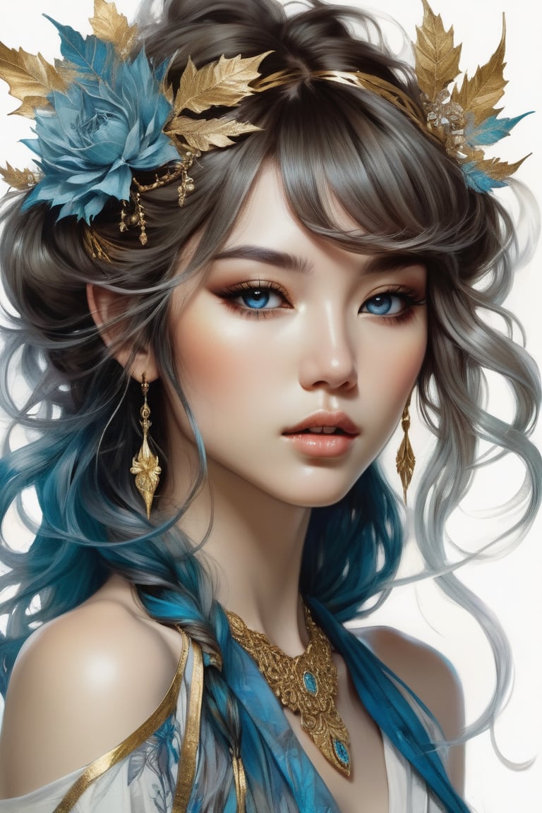 Beautiful sexy Japanese elf girl, concept art, 8k intricate details, surreal fairytale style, head tilt, upper body, oversized detailed {blue|haze|} eyes, looking down, seductive, textured hair, simple {charcoal|white} background, soft muted pastel colored pencil illustration, intricate gold filigree necklace, from side, multicolored {brown|black|white} hair, wispy curled hair, style of Carne Griffiths, (unfinished sketch), extremely high detail,midjourney,1 girl,Mysticstyle,,sparkles