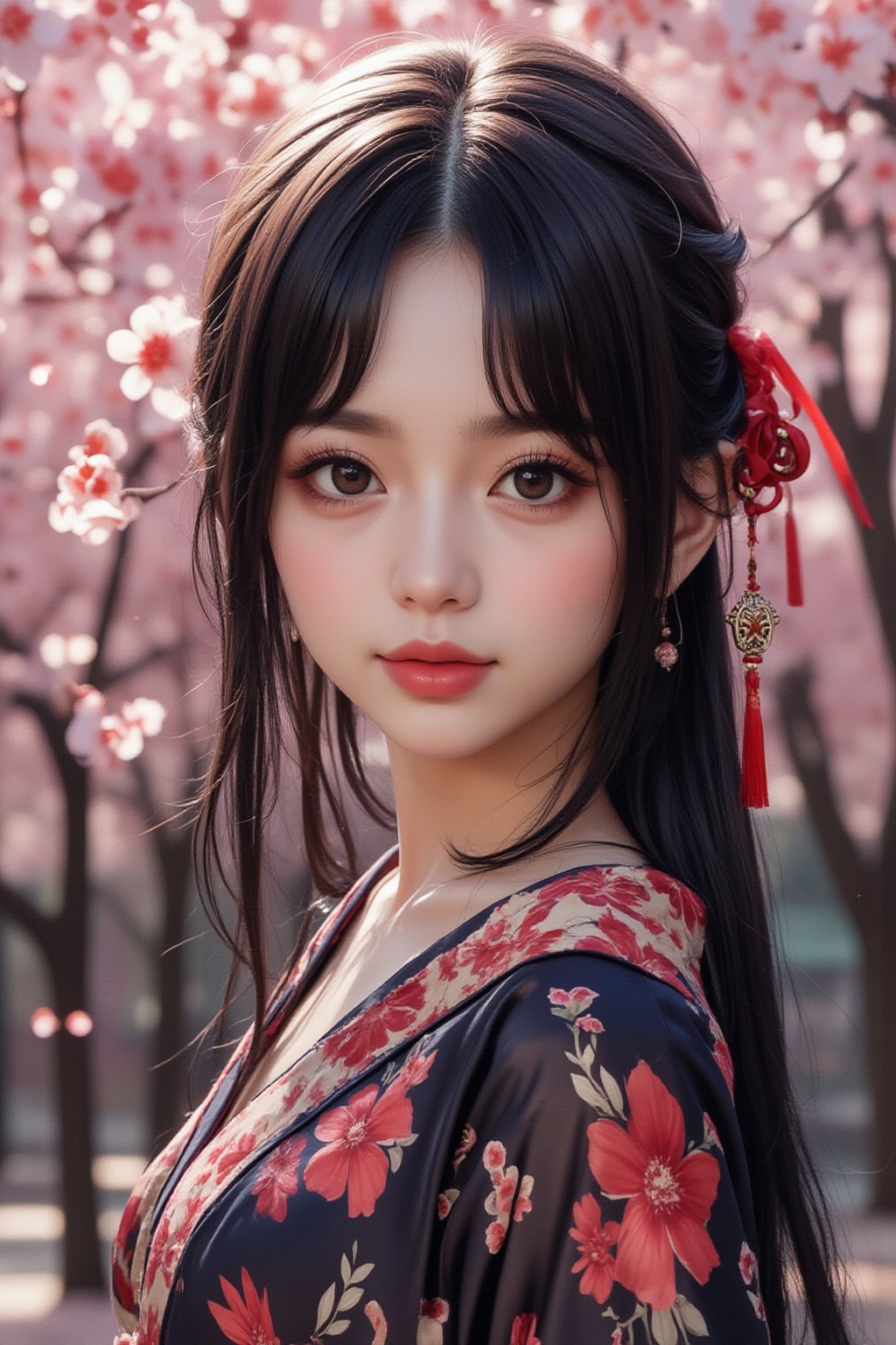 A serene Japanese maiden stands alone against a blurry backdrop of blooming cherry blossom trees. She gazes directly at the viewer with a gentle smile, her parted bangs framing her heart-shaped face. Her black hair cascades down her back, adorned with intricate hair ornaments and hair rings. Red eyes sparkle beneath luscious eyelashes, and her lips curve upward in a subtle grin. A floral print kimono drapes across her upper body, its vibrant colors muted by the soft focus of the background. Delicate earrings and a tassel dangle from her ears as she wears a bow-adorned hairstyle. The camera's shallow depth of field blurs everything except for our subject, emphasizing her captivating presence.Auguste Renoir ~ Paul Peel ~ John Singer Sargent ~ Alexandre-Jacques Chantron ~ John William Godward ~ John William Waterhouse ~ Han-Wu Shen ~ Ishitaka Amano ~ Chakrapan Posayakrit ~ Kim Jung Gi ~ Kei Mieno ~ Ikushima Hiroshi ~ WLOP ~ William-Adolphe Bouguereau ~ Alphonse Mucha ~Luis Royo ~ Range Murata ~ Jock Sturges photography ~ David Hamillton photography ~ Rustic Sketchbook Style, Sketch Book, Hand Drawn, Dark, Gritty, Realistic Sketch, Rough Sketch, Mix of Bold Dark Lines and Loose Lines, Bold Lines, On Paper, Turnaround Character Sheet, Natural Light, Dynamic, Highly Detailed, Watercolor Painting, Watercolor Paper, Artstation, Concept Art, Smooth and Crisp, Sharp Focus, Illustration, Goth girl ,sparkles