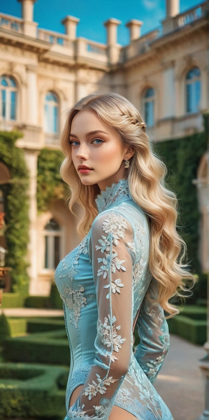 masterpiece, high quality animation, aesthetic photo ,(HDR:1.4), pore and detailed, intricate detailed, graceful and beautiful textures, RAW photo, 16K, (bokeh:1.1), diffused sunlight, (head to waist portrait), in the mansion garden, european woman, beautiful face, light-blue eyes, light-blond wavy long hair, 
(щту ыьфдд еше учзщыувЖ1ю9)б
dark-red jacket black lace sexy bodysuit,enchant3d,Eyes