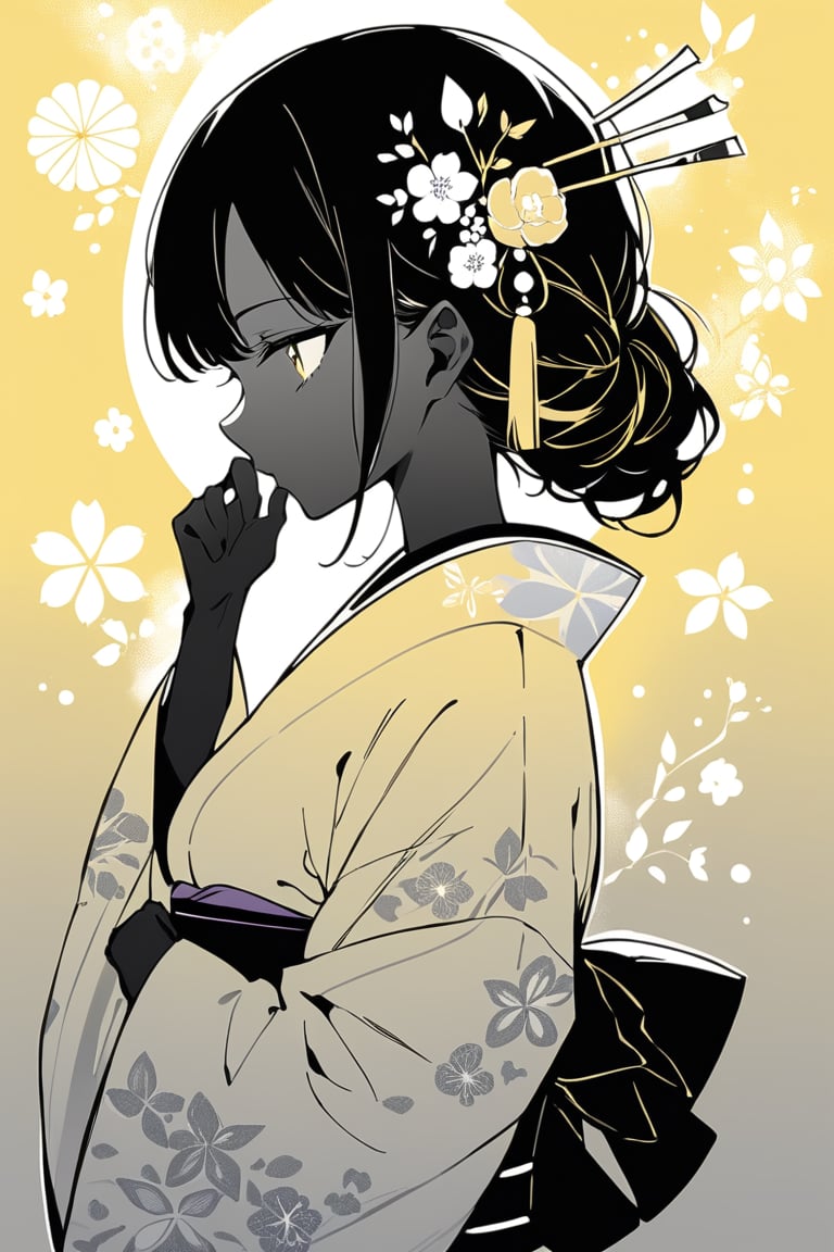 Masterpiece, Top quality, Aesthetic sense, 1 girl, Solo, Bangs, Hair ornament, Long sleeves, Silhouette, Monochrome, Upper body, Flowers, Japanese clothes, Hands up, Flowers in hair, Wide sleeves, Kimono, From the side, Obi, Petals, Profile, Colored skin, Obi, Floral pattern, Hair stick, Yellow theme,flat style