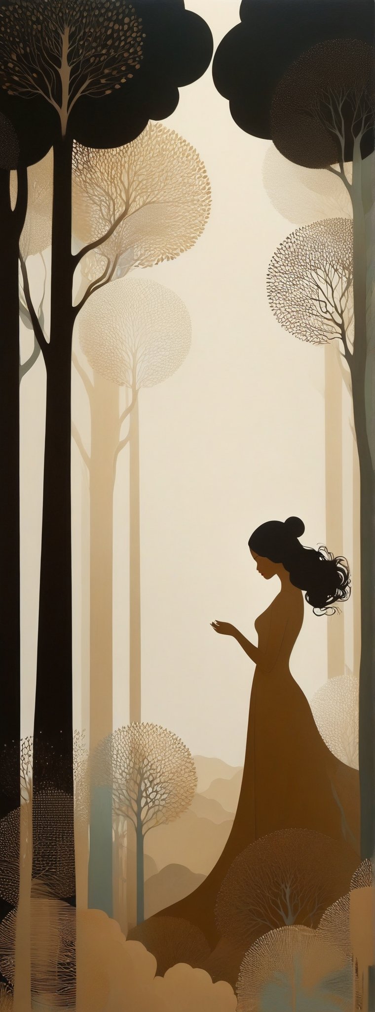 mysterious silhouette of  a forest queen woman, beautiful. high defintion, highly detailed, serene, hayv kahraman inspired art