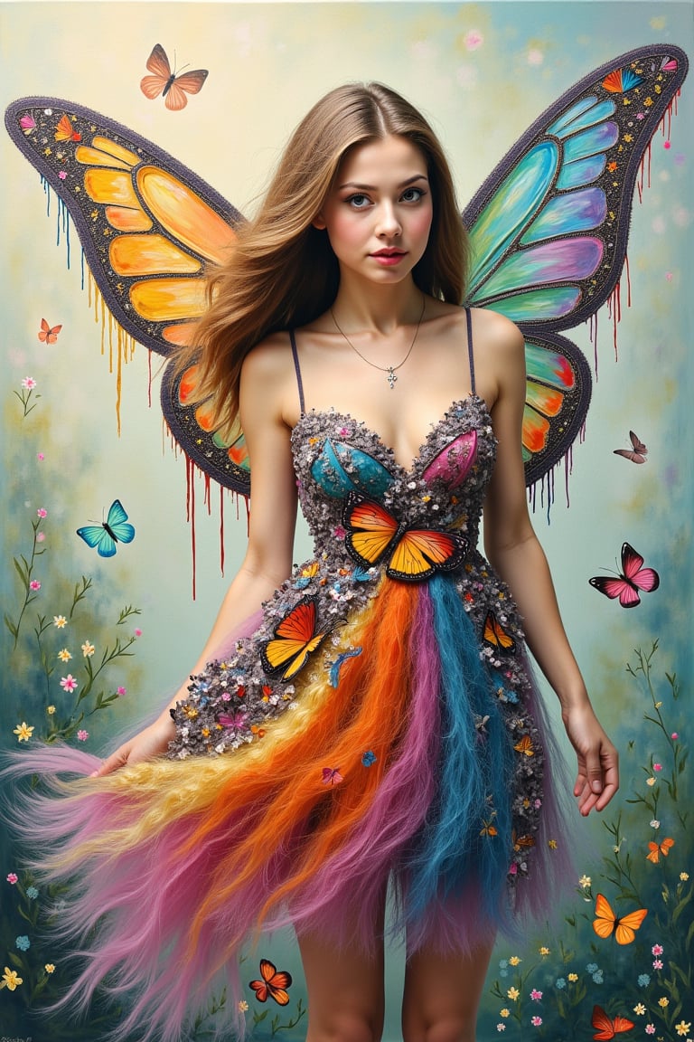 Acrylic painting of a fairy princess wearing a dress inspired by butterflies. Delicate, ethereal female figure with flowing hair and butterfly-like wings. Dress composed of vibrant butterfly patterns, colors, and textures. Painterly, textured style with visible brushstrokes and dripping paint effects. Soft, dreamy lighting illuminating the scene. Background has a hazy, atmospheric quality with hints of other fantastical elements. Splashes of color bleed and blend across the canvas. Intricate details in the fairy's features and ornate dress. Whimsical, imaginative, and visually striking.