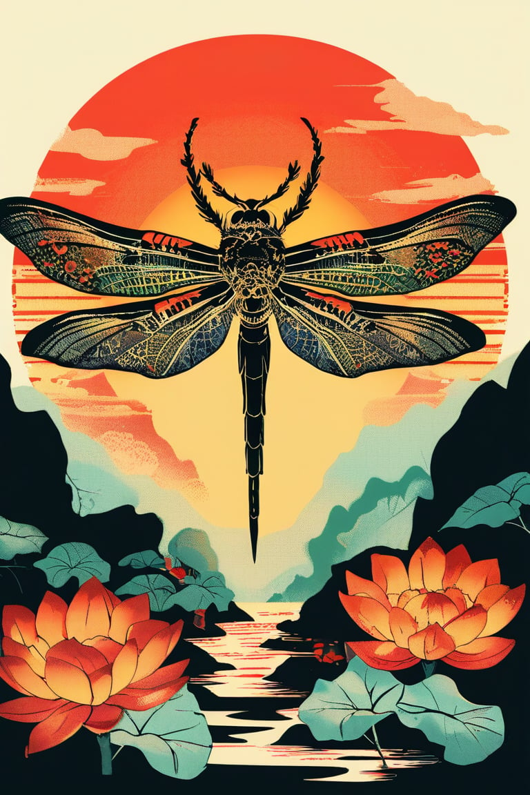 A vintage t-shirt design with retro-inspired typography surrounding a sumi-e ink illustration of a dragonfly hovering over a pond, with lotus flowers, incorporating Japanese calligraphy, black background, colorful shades, highly detailed, vector image, vibrant and clean, with a sunset backdrop, photorealistic style, flat design.