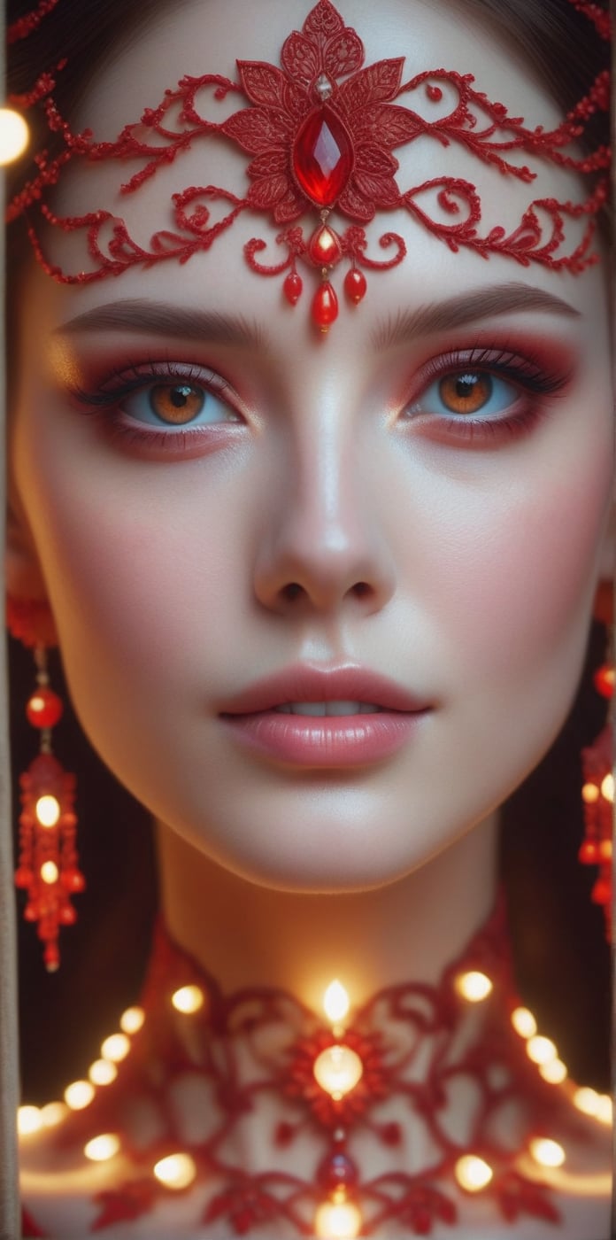 portrait of an woman white porcelain skin pierced with red Intricate details, very realistic cinematic lighting, volumetric lighting, photographic, no blur, bokeh, defocus, degree sharpness ,porcellana style