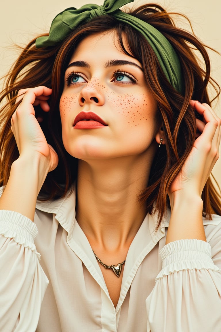 A soft-focused portrait of a woman, framed by a shallow depth of field, with a warm tone and gentle lighting. She wears a crisp white blouse with long sleeves tied at the neck, showcasing freckles scattered across her face. A verdant green headband adorns her forehead, complementing her tousled locks. Her hands gently caress her hair, as if lost in thought, while the surrounding environment fades into a gentle blur.Ink drawing of MOGLI, a charismatic girl embracing bohemian lifestyle, irises glisten like shimmering copper, lips subtly pursed, gaze directed skyward in a dreamy fashion, mane detailed with careless precision, features etched with laughter lines, radiating otherworldly charm, posture exudes liberation, capturing vivid expression of life, by Catr, detailed, vibrant, ink on textured paper, dramatic lighting,  Gorgeous, beautiful, multicolored hair, blue eyes, excentic, Ben Bauchau, Michael Garmash, Daniel F Gerhartz, Clint Cearley, Carne Griffiths, Jean Baptiste Monge, strybk style, warm dreamy lighting, matte background, volumetric lighting, pulp adventure style, fluid acrylic, dynamic gradients, bold color, illustration, highly detailed, simple, smooth and clean vector curves, vector art, smooth, johan grenier, character design, 3d shadowing, fanbox, cinematic, ornate motifs, elegant organic framing, hyperrealism, posterized, masterpiece collection, bright lush colors, TXAA, penumbra, alcohol paint, wet gouache, ultrarealistic, film grain, surreal, moody, ethereal fantasy, amazing depth, cinematic film still, sharp focus, (James Christensen),bohemian,Boho gypsy, Gustav Klimt, (Anne Bachelier:1.2), (Lillian Bassman, Erwin Blumenfeld),shabby chic,, 1920s retrofuturism, industrial, art deco, coherent, (Dieselpunk:1.3), sparkles, 