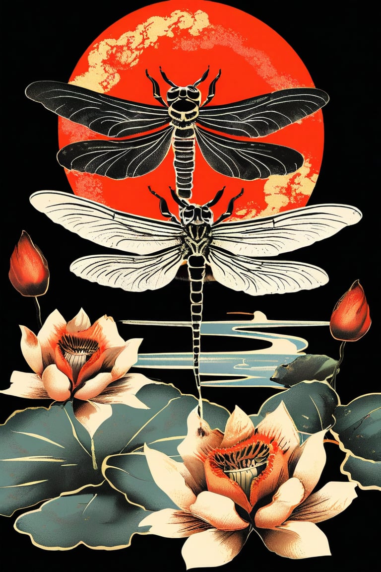 A vintage t-shirt design with retro-inspired typography surrounding a sumi-e ink illustration of a dragonfly hovering over a pond, with lotus flowers, incorporating Japanese calligraphy, black background, colorful shades, highly detailed, vector image, vibrant and clean, with a sunset backdrop, photorealistic style, flat design.