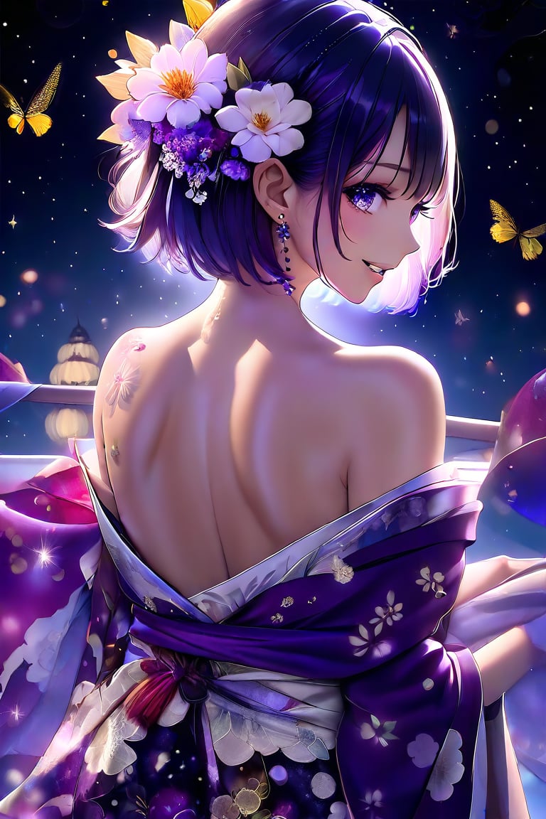 masterpiece, 8k, HDR, best quality, (highly detailed skin), photography, analog style, real life, extremely beautiful, (highly detailed, intricately detailed), (alluring eyes), hskdmnd, crystal hair, colored eyelashes, multicolored hair, short hair, kimono, floral print, hair flower, sash, off shoulder, back, shoulder blades, from behind, looking back, smile, ethereal lighting, purple, nighttime, darkness, surreal art, fantasy, glowing, night, (dark environment), back tattoo, abstract, abstract background, cosmos \(flower\), cosmos,