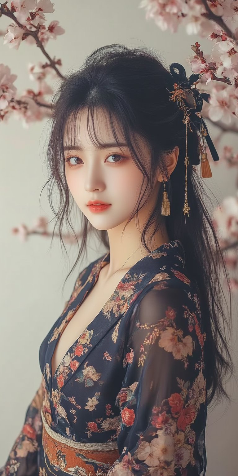 A serene Japanese maiden stands alone against a blurry backdrop of blooming cherry blossom trees. She gazes directly at the viewer with a gentle smile, her parted bangs framing her heart-shaped face. Her black hair cascades down her back, adorned with intricate hair ornaments and hair rings. Red eyes sparkle beneath luscious eyelashes, and her lips curve upward in a subtle grin. A floral print kimono drapes across her upper body, its vibrant colors muted by the soft focus of the background. Delicate earrings and a tassel dangle from her ears as she wears a bow-adorned hairstyle. The camera's shallow depth of field blurs everything except for our subject, emphasizing her captivating presence.Ink drawing of MOGLI, a charismatic girl embracing bohemian lifestyle, irises glisten like shimmering copper, lips subtly pursed, gaze directed skyward in a dreamy fashion, mane detailed with careless precision, features etched with laughter lines, radiating otherworldly charm, posture exudes liberation, capturing vivid expression of life, by Catr, detailed, vibrant, ink on textured paper, dramatic lighting,  Gorgeous, beautiful, multicolored hair, blue eyes, excentic, Ben Bauchau, Michael Garmash, Daniel F Gerhartz, Clint Cearley, Carne Griffiths, Jean Baptiste Monge, strybk style, warm dreamy lighting, matte background, volumetric lighting, pulp adventure style, fluid acrylic, dynamic gradients, bold color, illustration, highly detailed, simple, smooth and clean vector curves, vector art, smooth, johan grenier, character design, 3d shadowing, fanbox, cinematic, ornate motifs, elegant organic framing, hyperrealism, posterized, masterpiece collection, bright lush colors, TXAA, penumbra, alcohol paint, wet gouache, ultrarealistic, film grain, surreal, moody, ethereal fantasy, amazing depth, cinematic film still, sharp focus, (James Christensen),bohemian,Boho gypsy, Gustav Klimt, (Anne Bachelier:1.2), (Lillian Bassman, Erwin Blumenfeld),shabby chic,, 1920s retrofuturism, industrial, art deco, coherent, (Dieselpunk:1.3), sparkles, 