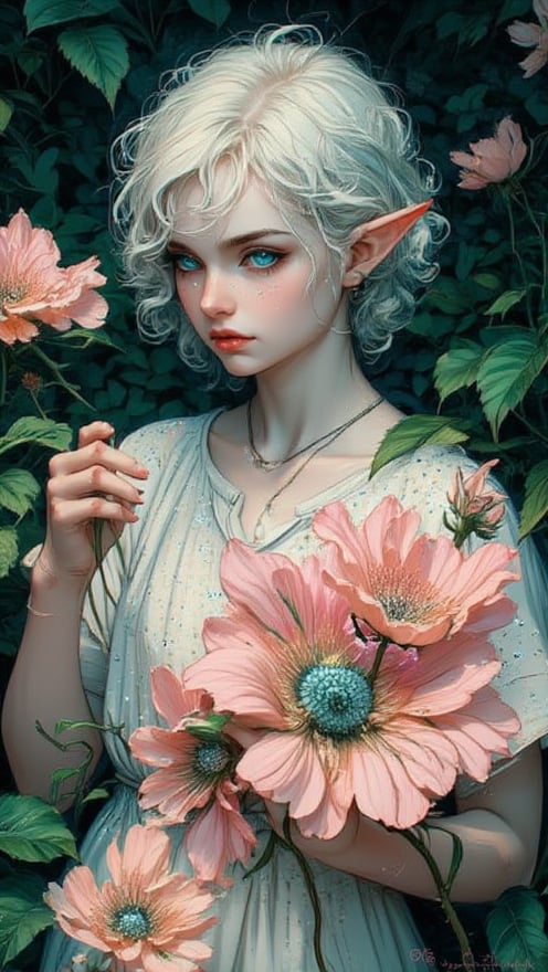 Digital painting of a small, elf woman-like figure with short curly light hair, expressive blue sparkle eyes, highlighted by shallow depth of field, distinct pointed ear, intense observation of a large pink flower, adorned in light-colored dotted garment harmonized with the blurred green foliage backdrop, mystically soft and diffused lighting, balanced exposure, vivid hues of light blue, pink, green, peach for a serene, eerie mood, vibrant colors, smooth image,Auguste Renoir ~ Paul Peel ~ John Singer Sargent ~ Alexandre-Jacques Chantron ~ John William Godward ~ John William Waterhouse ~ Han-Wu Shen ~ Ishitaka Amano ~ Chakrapan Posayakrit ~ Kim Jung Gi ~ Kei Mieno ~ Ikushima Hiroshi ~ WLOP ~ William-Adolphe Bouguereau ~ Alphonse Mucha ~Luis Royo ~ Range Murata ~ Jock Sturges photography ~ David Hamillton photography ~ Rustic Sketchbook Style, Sketch Book, Hand Drawn, Dark, Gritty, Realistic Sketch, Rough Sketch, Mix of Bold Dark Lines and Loose Lines, Bold Lines, On Paper, Turnaround Character Sheet, Natural Light, Dynamic, Highly Detailed, Watercolor Painting, Watercolor Paper, Artstation, Concept Art, Smooth and Crisp, Sharp Focus, Illustration, Goth girl,sparkles,in the style of vargas