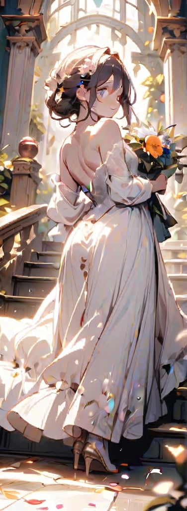 A woman stands at the top of the stairs, wearing a long-train white wedding dress adorned with lace and beads. Her hair is loosely styled in an updo with floral hair accessories. She holds a small bouquet in her hand and looks back with a gentle smile. The background features marble stairs, floral arches, and windows with evening light streaming in. Petals are scattered at her feet. An elegant carriage waits at the bottom of the stairs,furry girl,(long dress:1.5)