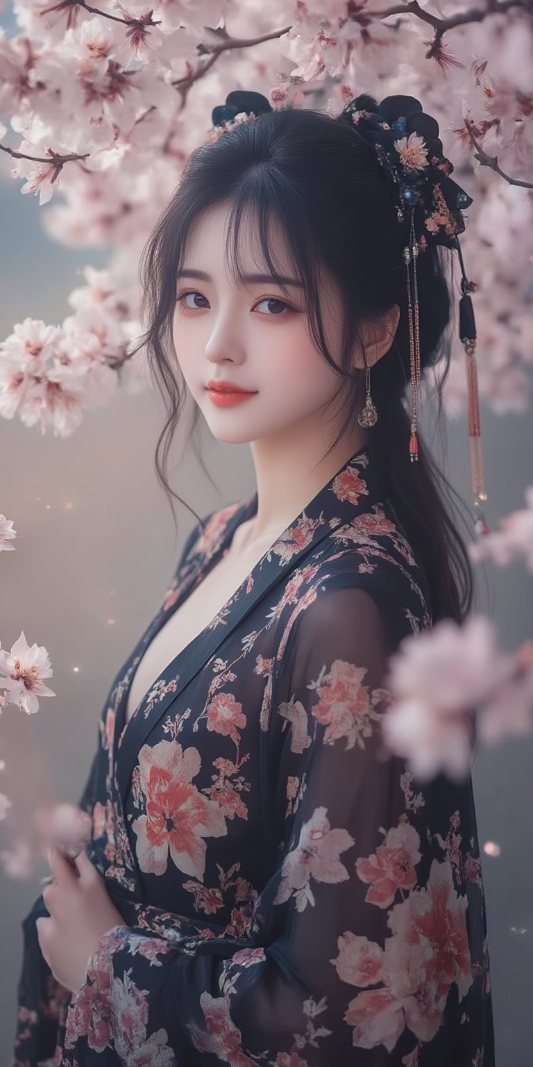 A serene Japanese maiden stands alone against a blurry backdrop of blooming cherry blossom trees. She gazes directly at the viewer with a gentle smile, her parted bangs framing her heart-shaped face. Her black hair cascades down her back, adorned with intricate hair ornaments and hair rings. Red eyes sparkle beneath luscious eyelashes, and her lips curve upward in a subtle grin. A floral print kimono drapes across her upper body, its vibrant colors muted by the soft focus of the background. Delicate earrings and a tassel dangle from her ears as she wears a bow-adorned hairstyle. The camera's shallow depth of field blurs everything except for our subject, emphasizing her captivating presence.Auguste Renoir ~ Paul Peel ~ John Singer Sargent ~ Alexandre-Jacques Chantron ~ John William Godward ~ John William Waterhouse ~ Han-Wu Shen ~ Ishitaka Amano ~ Chakrapan Posayakrit ~ Kim Jung Gi ~ Kei Mieno ~ Ikushima Hiroshi ~ WLOP ~ William-Adolphe Bouguereau ~ Alphonse Mucha ~Luis Royo ~ Range Murata ~ Jock Sturges photography ~ David Hamillton photography ~ Rustic Sketchbook Style, Sketch Book, Hand Drawn, Dark, Gritty, Realistic Sketch, Rough Sketch, Mix of Bold Dark Lines and Loose Lines, Bold Lines, On Paper, Turnaround Character Sheet, Natural Light, Dynamic, Highly Detailed, Watercolor Painting, Watercolor Paper, Artstation, Concept Art, Smooth and Crisp, Sharp Focus, Illustration, Goth girl,sparkles