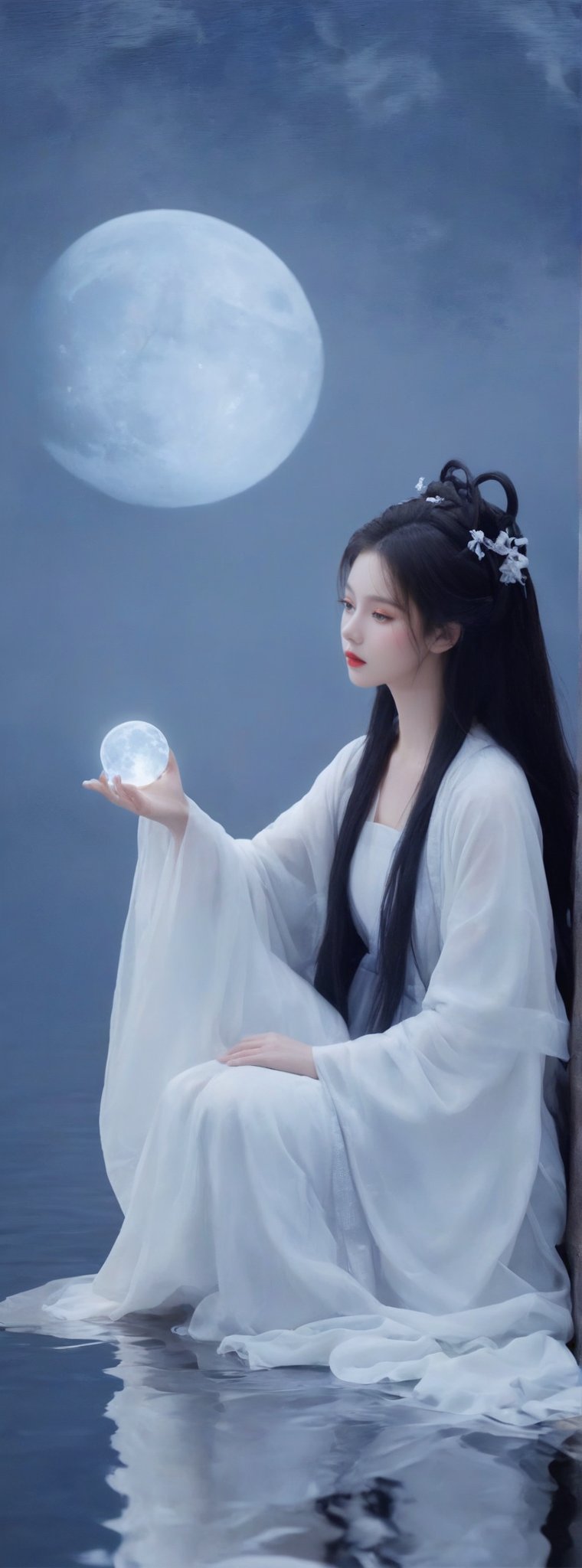 score_9, score_8_up, score_7_up, score_6_up, midnight. A long-haired beauty in Hanfu sat by the water, playing with the bright moon in her hands, which glowed with blue light. Chiaroscuro, beautiful human silhouette effect, moon focus