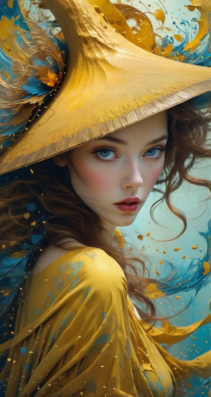 A woman wearing a wide-brimmed hat, gorgeous colors, the hair of the woman breaks into small pieces and turns into powder as it gets farther away from the head, the abstract white background and fantastic yellow color gradation adds mystery, the heavy and unstructured thick brush strokes beautifully express the portrait of the woman,Gorgeous, beautiful, multicolored hair, blue eyes, excentic, Ben Bauchau, Michael Garmash, Daniel F Gerhartz, Clint Cearley, Carne Griffiths, Jean Baptiste Monge, strybk style, warm dreamy lighting, matte background, volumetric lighting, pulp adventure style, fluid acrylic, dynamic gradients, bold color, illustration, highly detailed, simple, smooth and clean vector curves, vector art, smooth, johan grenier, character design, 3d shadowing, fanbox, cinematic, ornate motifs, elegant organic framing, hyperrealism, posterized, masterpiece collection, bright lush colors, TXAA, penumbra, alcohol paint, wet gouache, ultrarealistic, film grain, surreal, moody, ethereal fantasy, amazing depth, cinematic film still, sharp focus, (James Christensen), bohemian, Boho gypsy, Gustav Klimt, (Anne Bachelier:1.2), (Lillian Bassman, Erwin Blumenfeld), shabby chic, 1920s retrofuturism, industrial, art deco, coherent, (Dieselpunk:1.3), sparkles