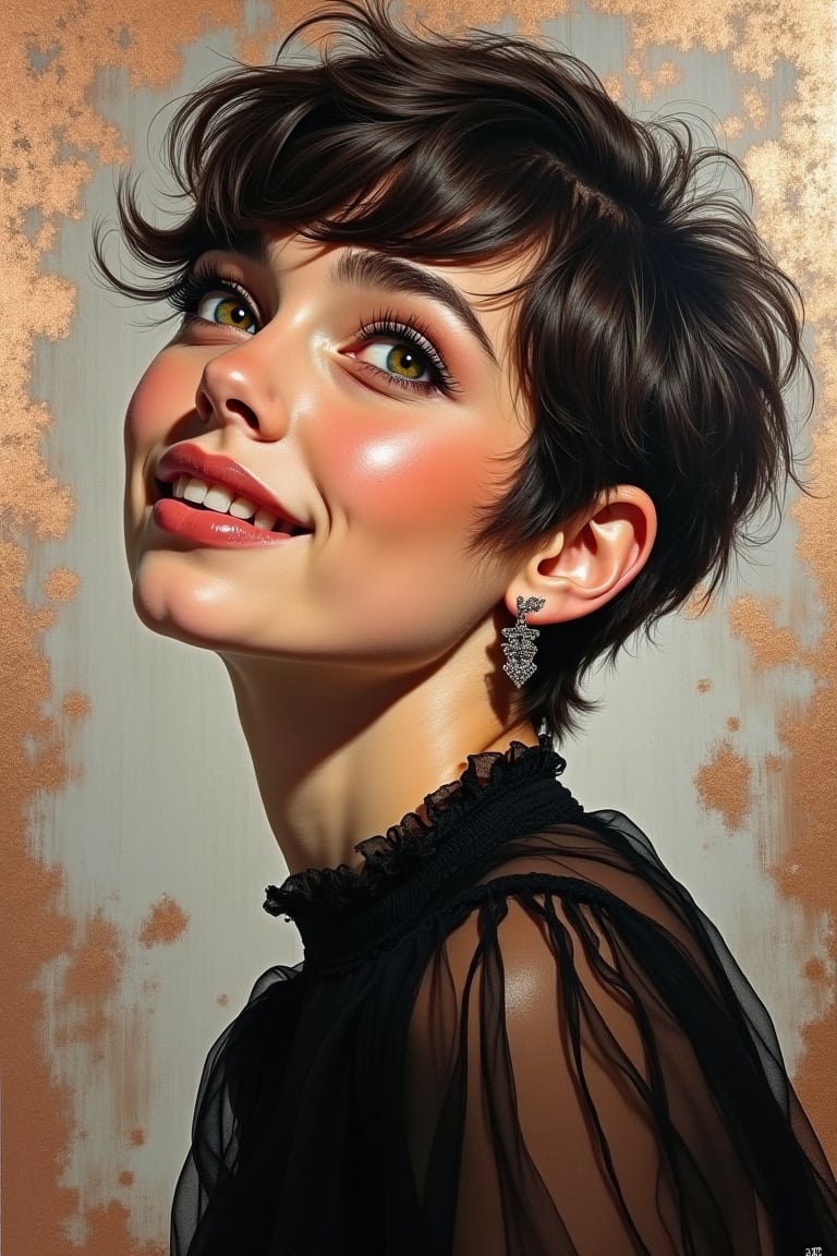 Oil Painting Art
Portrait of a young cute woman, sexy pixie hair cut, classy make-up, 
smile
Black edwardian transparent blouse, puff sleeves
soft and warm lightening
Elegant silver and copper background,Ink drawing of MOGLI, a charismatic girl embracing bohemian lifestyle, irises glisten like shimmering copper, lips subtly pursed, gaze directed skyward in a dreamy fashion, mane detailed with careless precision, features etched with laughter lines, radiating otherworldly charm, posture exudes liberation, capturing vivid expression of life, by Catr, detailed, vibrant, ink on textured paper, dramatic lighting,  Gorgeous, beautiful, multicolored hair, blue eyes, excentic, Ben Bauchau, Michael Garmash, Daniel F Gerhartz, Clint Cearley, Carne Griffiths, Jean Baptiste Monge, strybk style, warm dreamy lighting, matte background, volumetric lighting, pulp adventure style, fluid acrylic, dynamic gradients, bold color, illustration, highly detailed, simple, smooth and clean vector curves, vector art, smooth, johan grenier, character design, 3d shadowing, fanbox, cinematic, ornate motifs, elegant organic framing, hyperrealism, posterized, masterpiece collection, bright lush colors, TXAA, penumbra, alcohol paint, wet gouache, ultrarealistic, film grain, surreal, moody, ethereal fantasy, amazing depth, cinematic film still, sharp focus, (James Christensen),bohemian,Boho gypsy, Gustav Klimt, (Anne Bachelier:1.2), (Lillian Bassman, Erwin Blumenfeld),shabby chic,, 1920s retrofuturism, industrial, art deco, coherent, (Dieselpunk:1.3), sparkles, 

