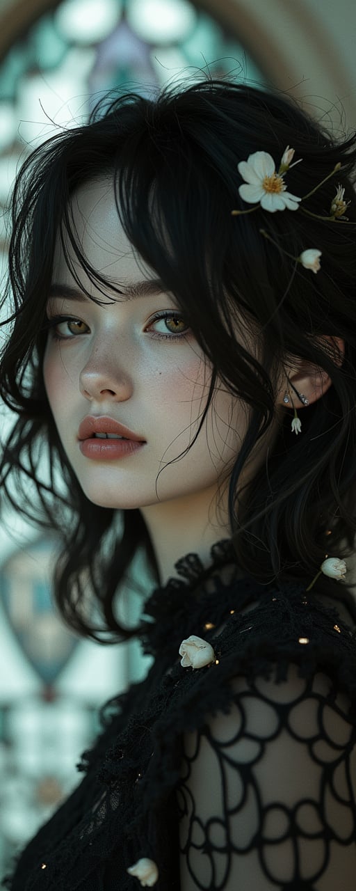 (best quality,8K,highres,masterpiece,raw image), ultra-detailed, beautifully light, intricate details, a chest up hyerrealistic portrait of a beautiful gothic young woman with floating shunny black hair in wind, tan skin, smirk, greasy lip, looking at viewer, gothic stained glass background, hyperrealistic, gothic vibes, high-concept editorial photoshoot, surrounded in white roses and magnolias, riches and luxury, hyper detailed, photo, 8k resolution, dynamic action, pale washed out style, camera Holga, retro, dreamy nostalgic, soft focus, vignetting, light leaks, gloomy artistic painterly ethereal, whimsical, golden hour,Auguste Renoir ~ Paul Peel ~ John Singer Sargent ~ Alexandre-Jacques Chantron ~ John William Godward ~ John William Waterhouse ~ Han-Wu Shen ~ Ishitaka Amano ~ Chakrapan Posayakrit ~ Kim Jung Gi ~ Kei Mieno ~ Ikushima Hiroshi ~ WLOP ~ William-Adolphe Bouguereau ~ Alphonse Mucha ~Luis Royo ~ Range Murata ~ Jock Sturges photography ~ David Hamillton photography ,sparkles,in the style of vargas