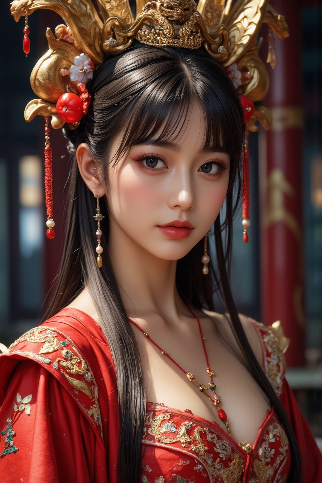 A stunning (korean woman), bangs-hairstyle ,cute-smile,wearing an opulent ancient Chinese empress costume,Her asian features, -brown eyes and fair skin, contrast beautifully with the ornate Chinese attire, Elaborate headdress adorned with gold filigree, jade beads, and hanging pearls, Intricate phoenix crown with delicate golden leaves and gemstones,Layered silk robes in rich red and gold, embroidered with dragons and auspicious symbols, Wide, flowing sleeves with detailed embroidery, Ornate collar piece studded with precious stones,Long blonde hair partially visible beneath the headdress,Beautiful woman,Photorealistic,Fantasy detailers ,Auguste Renoir ~ Paul Peel ~ John Singer Sargent ~ Alexandre-Jacques Chantron ~ John William Godward ~ John William Waterhouse ~ Han-Wu Shen ~ Ishitaka Amano ~ Chakrapan Posayakrit ~ Kim Jung Gi ~ Kei Mieno ~ Ikushima Hiroshi ~ WLOP ~ William-Adolphe Bouguereau ~ Alphonse Mucha ~Luis Royo ~ Range Murata ~ Jock Sturges photography ~ David Hamillton photography,sparkles