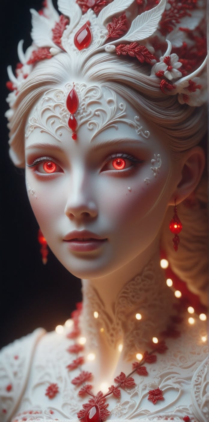 sculpture portrait of an woman white porcelain skin pierced with red Intricate details, very realistic cinematic lighting, volumetric lighting, photographic, no blur, bokeh, defocus, degree sharpness ,porcellana style