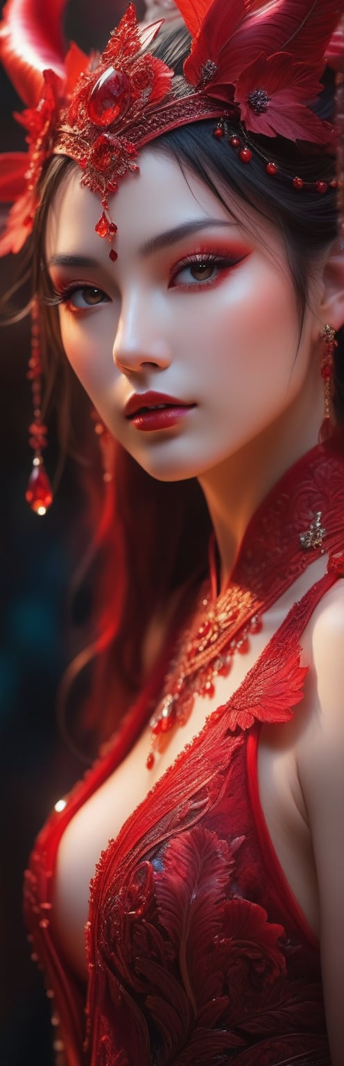 Portrait of a demon woman, burning red color, Miki Asai macro photography, close-up, cvombining the styles of Jose Royo, Boris Vallejo, Carne Griffiths, Harrison Fisher, Brian Froud, Jeremy Mann, Steadman, Hanuka, Klimt, Bell, Hobbie, Newton, epic decor, hyper detailed, trending on artstation, sharp focus, studio photo, intricate details, very detailed, Miki Asai Macro photography, close-up, hyper detailed, trending on artstation, sharp focus, studio photo, intricate details, highly detailed, by lily serenade,  epic, fine art, shabby chic, boho gypsy, bohemian, gothic, rococco, marquise,lady