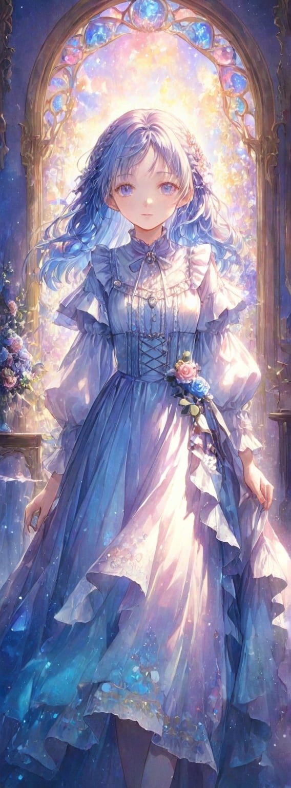 Here's a prompt for generating an image based on your description:

Create an illustration of 'Enchanted Blossoms', a young girl with silver braid hair and expressive eyes, standing in a whimsical room inspired by art nouveau. The room features intricate patterns, lace curtains, and cinematic lighting. The girl wears a white maxi blouse with frills and ribbons, paired with a layered Renaissance dress. She's surrounded by stars, flowers, gems, and other cute illustrations, with a bouquet of light blue and pink roses. Soft, warm lighting creates an inviting atmosphere. kyo8sai sign.Render the image in a watercolor style with soft blending, fluid colors, dreamy washes, and delicate textures.