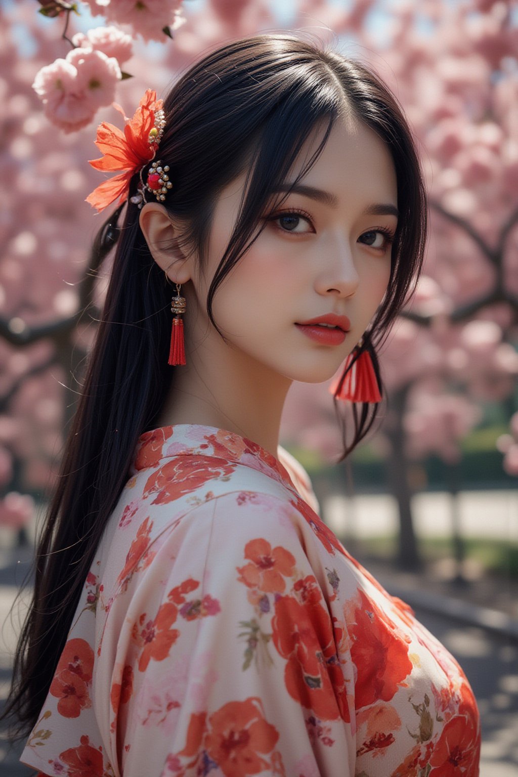 A serene Japanese maiden stands alone against a blurry backdrop of blooming cherry blossom trees. She gazes directly at the viewer with a gentle smile, her parted bangs framing her heart-shaped face. Her black hair cascades down her back, adorned with intricate hair ornaments and hair rings. Red eyes sparkle beneath luscious eyelashes, and her lips curve upward in a subtle grin. A floral print kimono drapes across her upper body, its vibrant colors muted by the soft focus of the background. Delicate earrings and a tassel dangle from her ears as she wears a bow-adorned hairstyle. The camera's shallow depth of field blurs everything except for our subject, emphasizing her captivating presence.Auguste Renoir ~ Paul Peel ~ John Singer Sargent ~ Alexandre-Jacques Chantron ~ John William Godward ~ John William Waterhouse ~ Han-Wu Shen ~ Ishitaka Amano ~ Chakrapan Posayakrit ~ Kim Jung Gi ~ Kei Mieno ~ Ikushima Hiroshi ~ WLOP ~ William-Adolphe Bouguereau ~ Alphonse Mucha ~Luis Royo ~ Range Murata ~ Jock Sturges photography ~ David Hamillton photography,sparkles