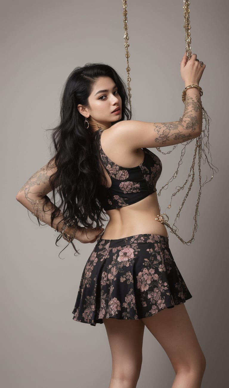 A stunning young indian girl with long, jet-black hair flowing down her back, wears a vibrant floral printed skirt that falls to the ground. Her curly locks cascade over her shoulders as she strikes a pose, adorned in sparkling jewelry and dangling earrings. The camera frames her solo figure against a neutral background, highlighting her intricate costume and radiant beauty.