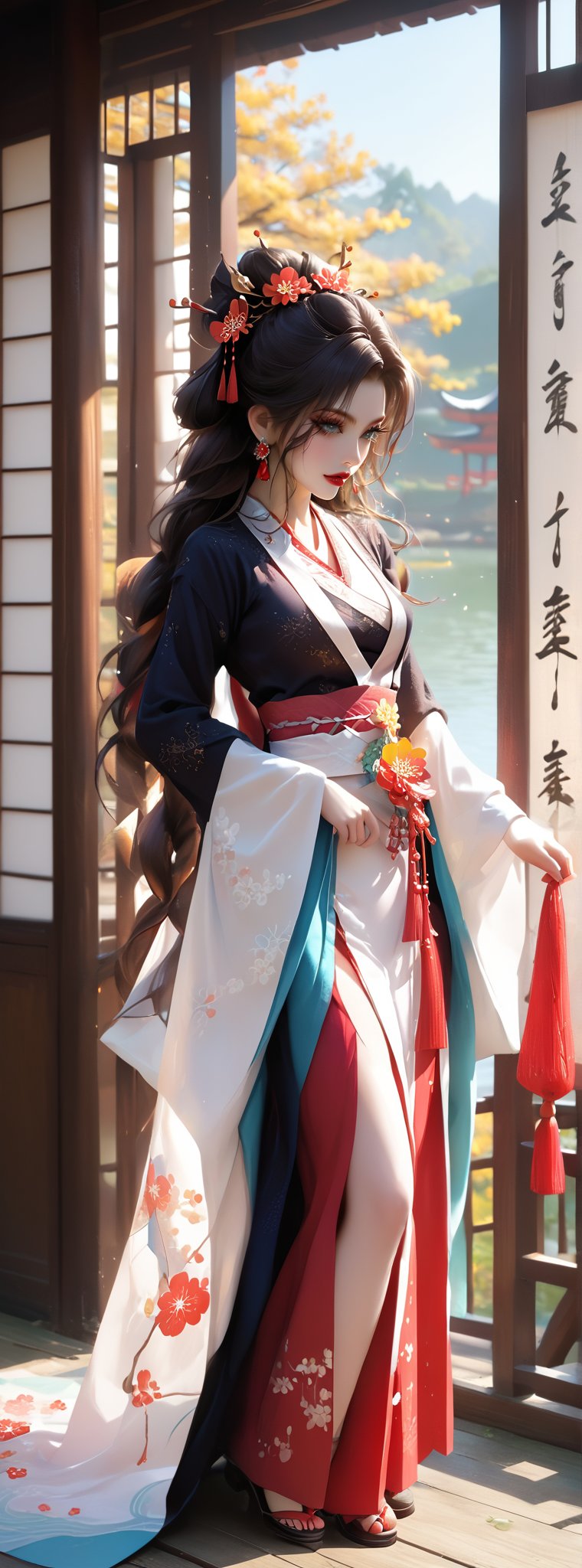 Score_9, score_8_up, score_7_up, score_6_up, 1girl, full body, a 23-year-old long-haired Taiwanese beauty, wearing white Hanfu, standing alone by the lake, with the Oriental Pavilion in the background. Her face was expressionless, and a few white pear blossoms slowly fell from the sky.