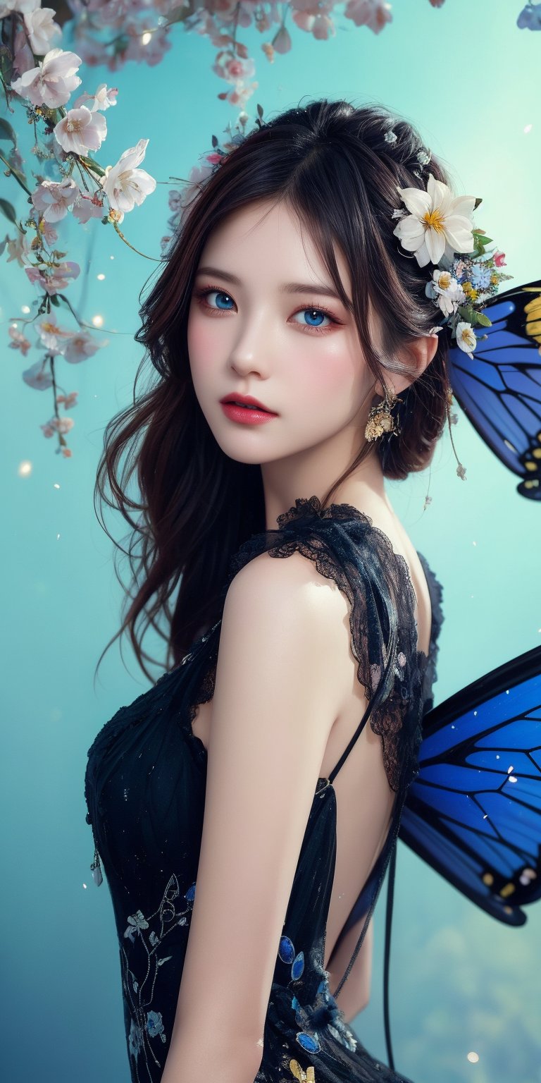 Create a portrait photo that showcases a scene with a fantasy theme. The Taiwanese girl in the photo is wearing a sophisticated black dress with delicate lace details and floral patterns. On her head is a huge floral headdress, with mechanical or stylized butterfly wings extending from the back, decorated with flowers and lights, emitting a mysterious glow.
There are cherry blossom branches in the background, hanging white lights that look like stars or fireflies, and other lighting fixtures that enhance the magical atmosphere of the scene. The entire scene blends elements of nature, technology and fashion to create a visually engaging image.Ink drawing of MOGLI, a charismatic girl embracing bohemian lifestyle, irises glisten like shimmering copper, lips subtly pursed, gaze directed skyward in a dreamy fashion, mane detailed with careless precision, features etched with laughter lines, radiating otherworldly charm, posture exudes liberation, capturing vivid expression of life, by Catr, detailed, vibrant, ink on textured paper, dramatic lighting,  Gorgeous, beautiful, multicolored hair, blue eyes, excentic, Ben Bauchau, Michael Garmash, Daniel F Gerhartz, Clint Cearley, Carne Griffiths, Jean Baptiste Monge, strybk style, warm dreamy lighting, matte background, volumetric lighting, pulp adventure style, fluid acrylic, dynamic gradients, bold color, illustration, highly detailed, simple, smooth and clean vector curves, vector art, smooth, johan grenier, character design, 3d shadowing, fanbox, cinematic, ornate motifs, elegant organic framing, hyperrealism, posterized, masterpiece collection, bright lush colors, TXAA, penumbra, alcohol paint, wet gouache, ultrarealistic, film grain, surreal, moody, ethereal fantasy, amazing depth, cinematic film still, sharp focus, (James Christensen),bohemian,Boho gypsy, Gustav Klimt, (Anne Bachelier:1.2), (Lillian Bassman, Erwin Blumenfeld),shabby chic,, 1920s retrofuturism, industrial, art deco, coherent, (Dieselpunk:1.3), sparkles, 