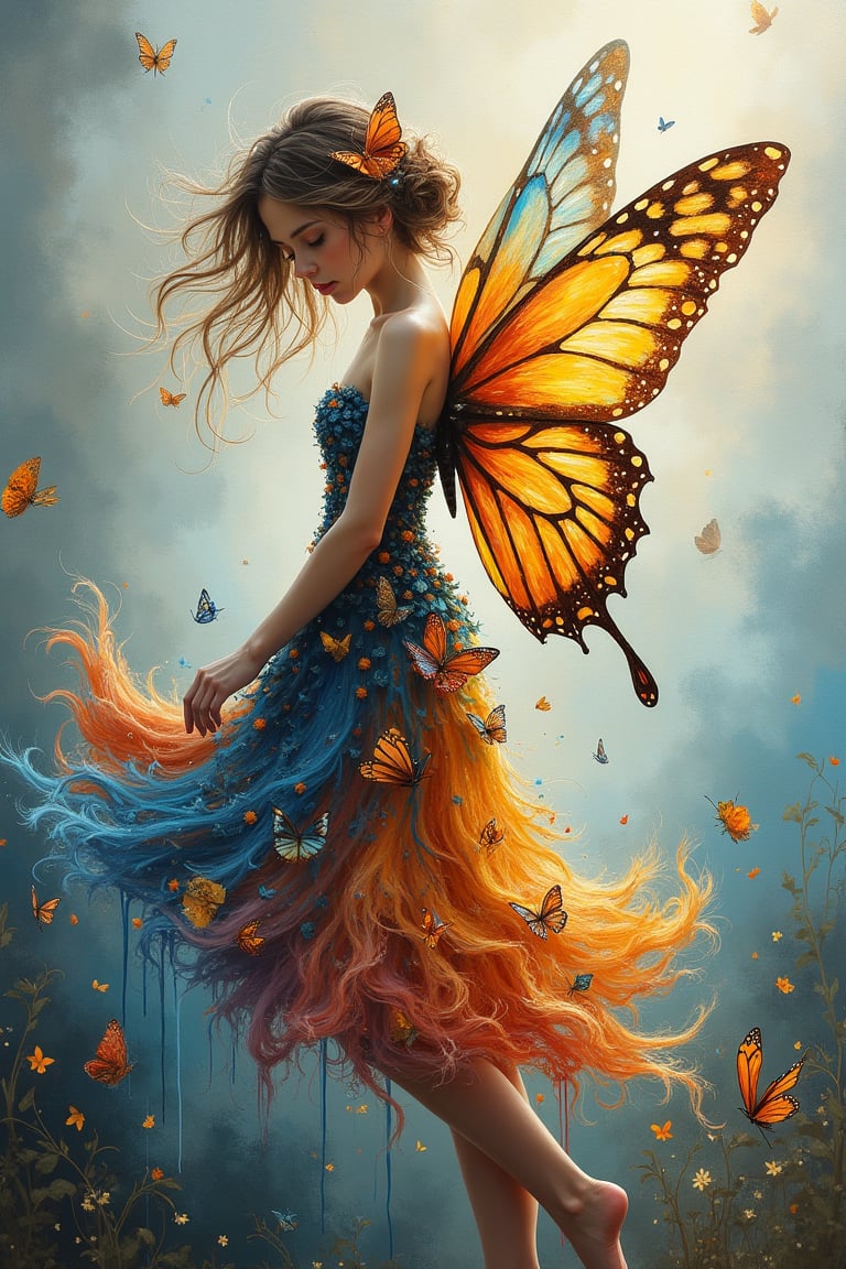 Acrylic painting of a fairy princess wearing a dress inspired by butterflies. Delicate, ethereal female figure with flowing hair and butterfly-like wings. Dress composed of vibrant butterfly patterns, colors, and textures. Painterly, textured style with visible brushstrokes and dripping paint effects. Soft, dreamy lighting illuminating the scene. Background has a hazy, atmospheric quality with hints of other fantastical elements. Splashes of color bleed and blend across the canvas. Intricate details in the fairy's features and ornate dress. Whimsical, imaginative, and visually striking.