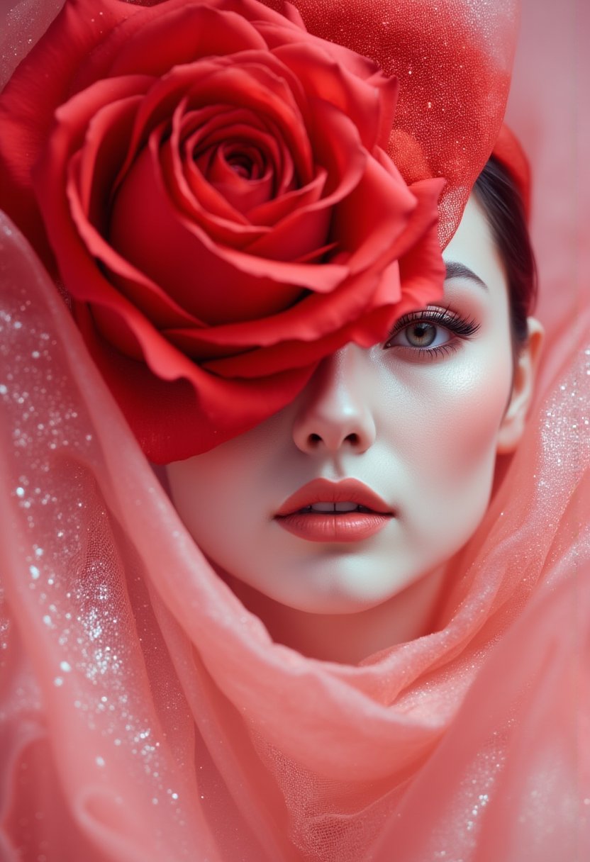 The image features a surreal and artistic composition of a woman whose face is partially obscured by a large, soft red rose. The petals of the rose delicately cover her sparkle eyes and part of her face, creating an ethereal and dreamlike effect. The woman is dressed in a flowing, translucent fabric that appears to be made of soft layers, echoing the delicate nature of the red rose petals. The background is softly blurred, with a gentle, light color red palette that complements the pink tones of the rose and the fabric. The overall mood is romantic and otherworldly, ar 9:16, style raw, stylize 250,,Auguste Renoir ~ Paul Peel ~ John Singer Sargent ~ Alexandre-Jacques Chantron ~ John William Godward ~ John William Waterhouse ~ Han-Wu Shen ~ Ishitaka Amano ~ Chakrapan Posayakrit ~ Kim Jung Gi ~ Kei Mieno ~ Ikushima Hiroshi ~ WLOP ~ William-Adolphe Bouguereau ~ Alphonse Mucha ~Luis Royo ~ Range Murata ~ Jock Sturges photography ~ David Hamillton photography