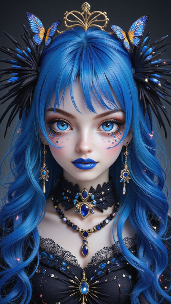 1girl, solo, long hair, looking at the audience, blue hair, hair accessories, blue eyes (three light spots with lights), jewelry, smile, earrings, moles, lips, eyelashes, makeup, bugs, curtains, gems, butterfly,portrait,blue lips,blue theme,Midjourney_Whisper,by adrr-zllj,landscape,Made of adrr-zllj,Auguste Renoir ~ Paul Peel ~ John Singer Sargent ~ Alexandre-Jacques Chantron ~ John William Godward ~ John William Waterhouse ~ Han-Wu Shen ~ Ishitaka Amano ~ Chakrapan Posayakrit ~ Kim Jung Gi ~ Kei Mieno ~ Ikushima Hiroshi ~ WLOP ~ William-Adolphe Bouguereau ~ Alphonse Mucha ~Luis Royo ~ Range Murata ~ Jock Sturges photography ~ David Hamillton photography ~ Rustic Sketchbook Style, Sketch Book, Hand Drawn, Dark, Gritty, Realistic Sketch, Rough Sketch, Mix of Bold Dark Lines and Loose Lines, Bold Lines, On Paper, Turnaround Character Sheet, Natural Light, Dynamic, Highly Detailed, Watercolor Painting, Watercolor Paper, Artstation, Concept Art, Smooth and Crisp, Sharp Focus, Illustration, Goth girl ,sparkles,in the style of vargas