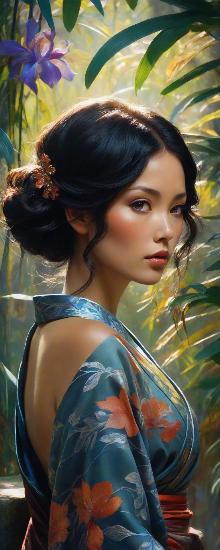 A mysterious figure emerges from the shadows of a dimly lit Japanese garden, bathed in soft, warm lighting. The subject, a beautiful woman with long black hair adorned by a hair ornament, wears a stunning kimono that exposes her back, revealing a striking yakuza tattoo. Her gaze is cast backward, as if lost in thought. Framed by lush foliage and the subtle glow of lanterns, this enigmatic scene exudes an air of intrigue and mystique.Ink drawing of MOGLI, a charismatic girl embracing bohemian lifestyle, irises glisten like shimmering copper, lips subtly pursed, gaze directed skyward in a dreamy fashion, mane detailed with careless precision, features etched with laughter lines, radiating otherworldly charm, posture exudes liberation, capturing vivid expression of life, by Catr, detailed, vibrant, ink on textured paper, dramatic lighting,  Gorgeous, beautiful, multicolored hair, blue eyes, excentic, Ben Bauchau, Michael Garmash, Daniel F Gerhartz, Clint Cearley, Carne Griffiths, Jean Baptiste Monge, strybk style, warm dreamy lighting, matte background, volumetric lighting, pulp adventure style, fluid acrylic, dynamic gradients, bold color, illustration, highly detailed, simple, smooth and clean vector curves, vector art, smooth, johan grenier, character design, 3d shadowing, fanbox, cinematic, ornate motifs, elegant organic framing, hyperrealism, posterized, masterpiece collection, bright lush colors, TXAA, penumbra, alcohol paint, wet gouache, ultrarealistic, film grain, surreal, moody, ethereal fantasy, amazing depth, cinematic film still, sharp focus, (James Christensen),bohemian,Boho gypsy, Gustav Klimt, (Anne Bachelier:1.2), (Lillian Bassman, Erwin Blumenfeld),shabby chic,, 1920s retrofuturism, industrial, art deco, coherent, (Dieselpunk:1.3), sparkles, 