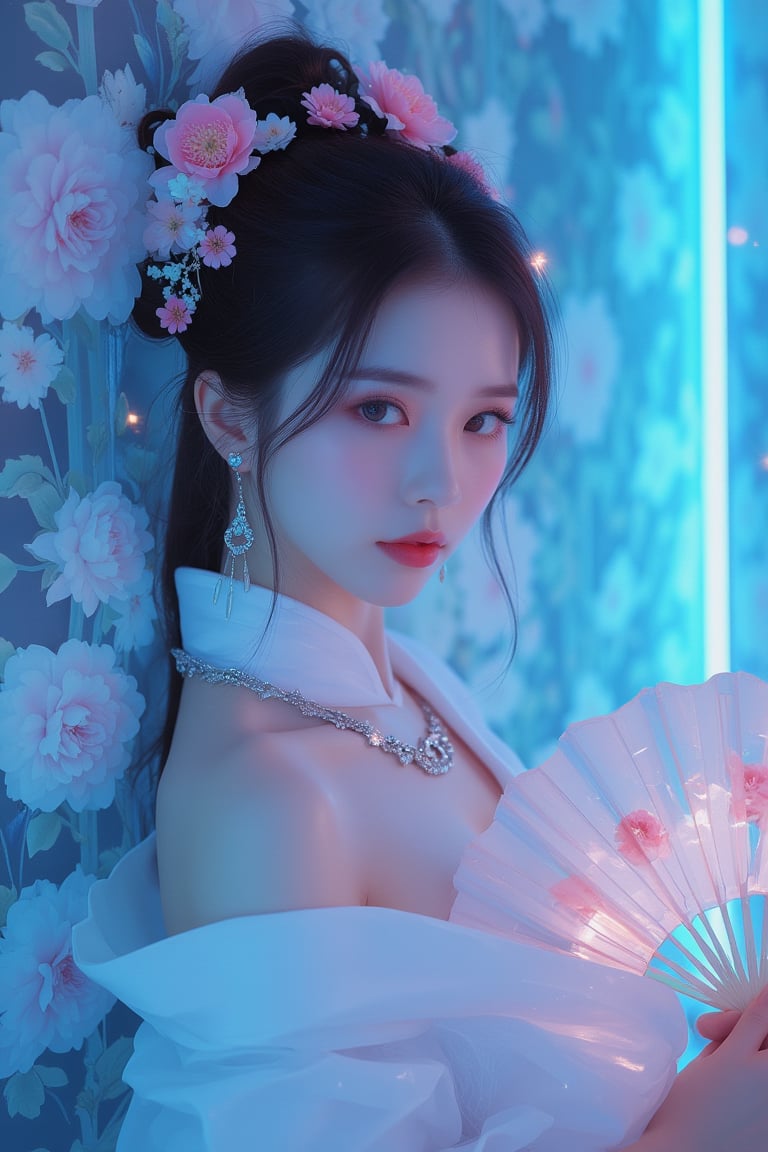 A close-up waist shot of a Asian woman in a white chinese clothes with a silver necklace and earrings. She is holding a white fan with Jade ornaments . The woman's hair is adorned with pink flowers adding a touch of beauty to the scene. creating a soft focus on the woman's face. neon lighting. (cover the background wall with light blue flowers:1.3), (looking at viewer, upper body),RHAngel, Auguste Renoir ~ Paul Peel ~ John Singer Sargent ~ Alexandre-Jacques Chantron ~ John William Godward ~ John William Waterhouse ~ Han-Wu Shen ~ Ishitaka Amano ~ Chakrapan Posayakrit ~ Kim Jung Gi ~ Kei Mieno ~ Ikushima Hiroshi ~ WLOP ~ William-Adolphe Bouguereau ~ Alphonse Mucha ~Luis Royo ~ Range Murata ~ Jock Sturges photography ~ David Hamillton photography,sparkles,surreal