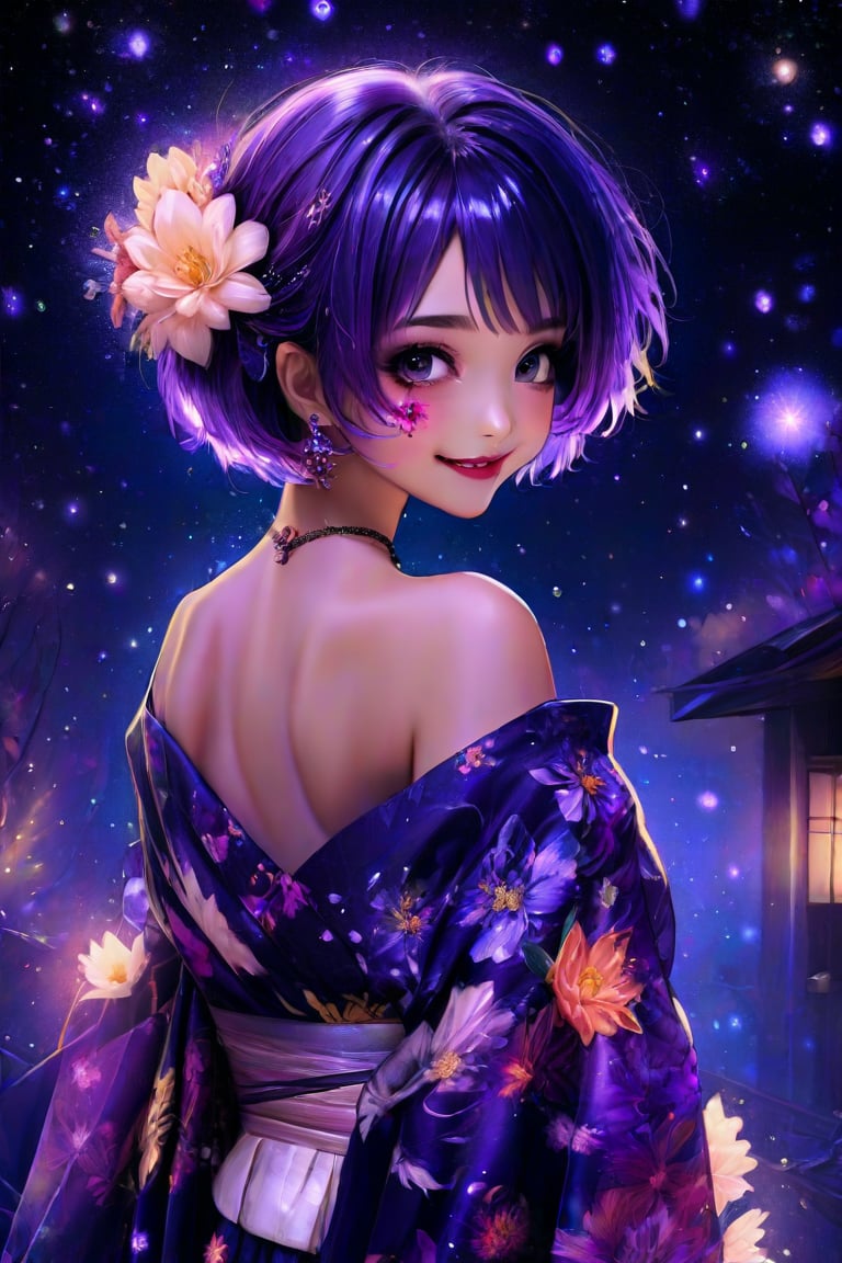 masterpiece, 8k, HDR, best quality, (highly detailed skin), photography, analog style, real life, extremely beautiful, (highly detailed, intricately detailed), (alluring eyes), hskdmnd, crystal hair, colored eyelashes, multicolored hair, short hair, kimono, floral print, hair flower, sash, off shoulder, back, shoulder blades, from behind, looking back, smile, ethereal lighting, purple, nighttime, darkness, surreal art, fantasy, glowing, night, (dark environment), back tattoo, abstract, abstract background, cosmos \(flower\), cosmos,