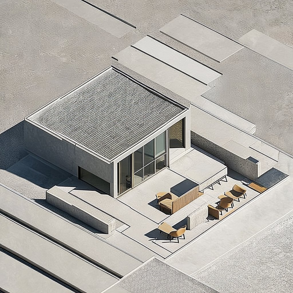 Create an isometric view of an architectural interior blending abstract and representational elements. The space features clean lines, minimalist structures, and modernist furniture. Areas with geometric abstractions, such as floating shapes and fragmented surfaces, coexist with realistic sections showcasing concrete textures, light, and shadow interplay. The muted color palette emphasizes subtle contrasts between abstract and representational zones. The composition is balanced, integrating abstract forms seamlessly into the structured environment. Elements like walls, windows, and furniture harmoniously merge the real with the conceptual.